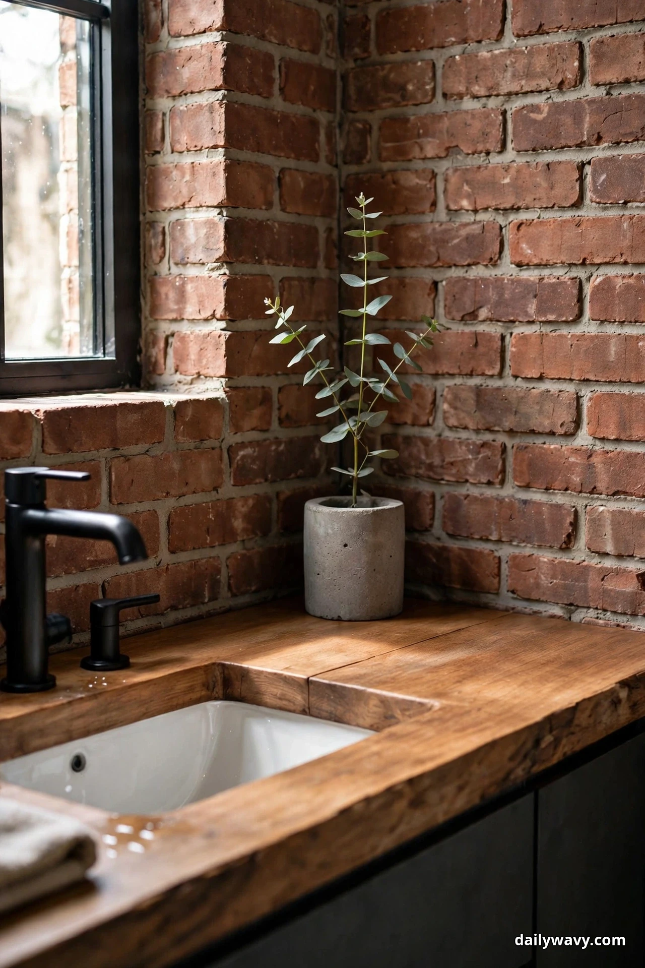 A single eucalyptus stem stands in a gray concrete vase at the back corner of a wood vanity counter beside a matte black faucet, with exposed brick walls behind it