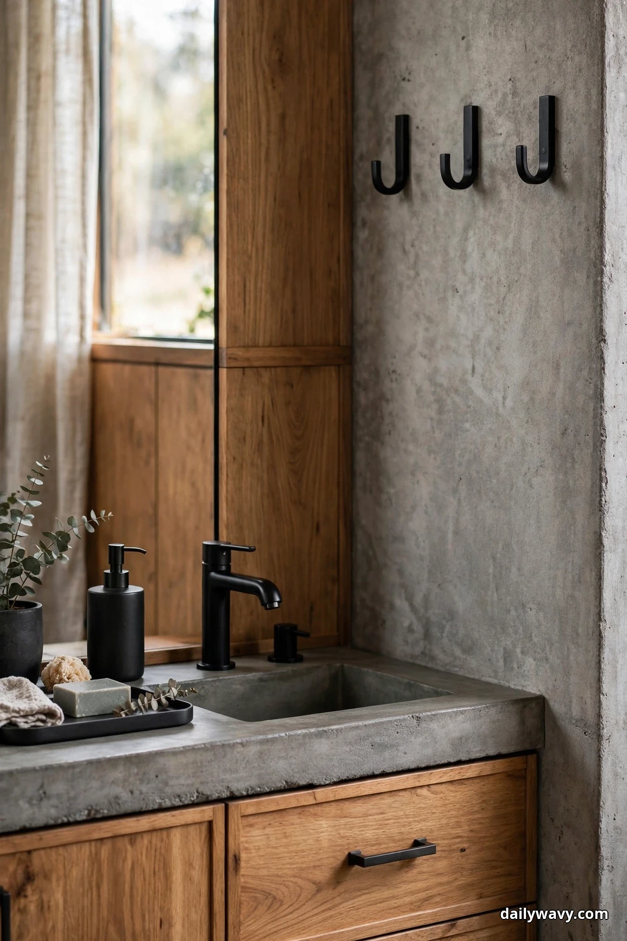 Three matte black hooks hang on a concrete wall above a concrete-topped wood vanity with a matte black faucet, a black soap dispenser and a black tray holding a bar of soap