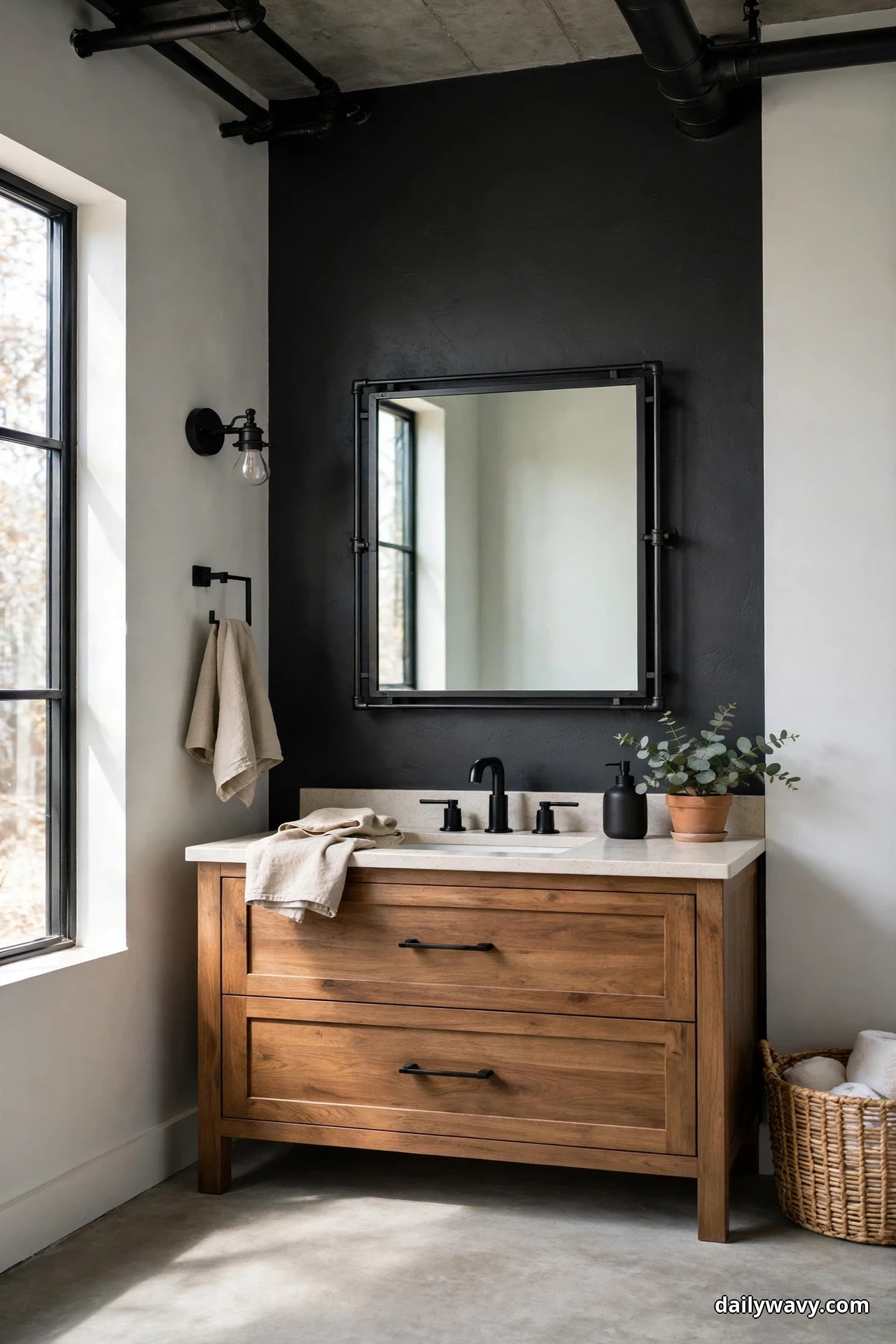 A charcoal painted accent wall forms the backdrop behind a black pipe-framed mirror above a warm wood vanity with a matte black faucet and a small potted plant on the counter