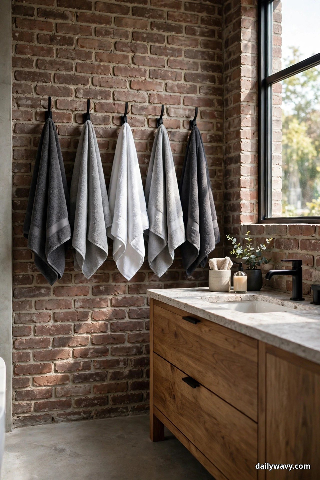 Five towels in charcoal, stone gray and white hang in a row on black hooks mounted on an exposed brick wall beside a wood vanity with a stone countertop