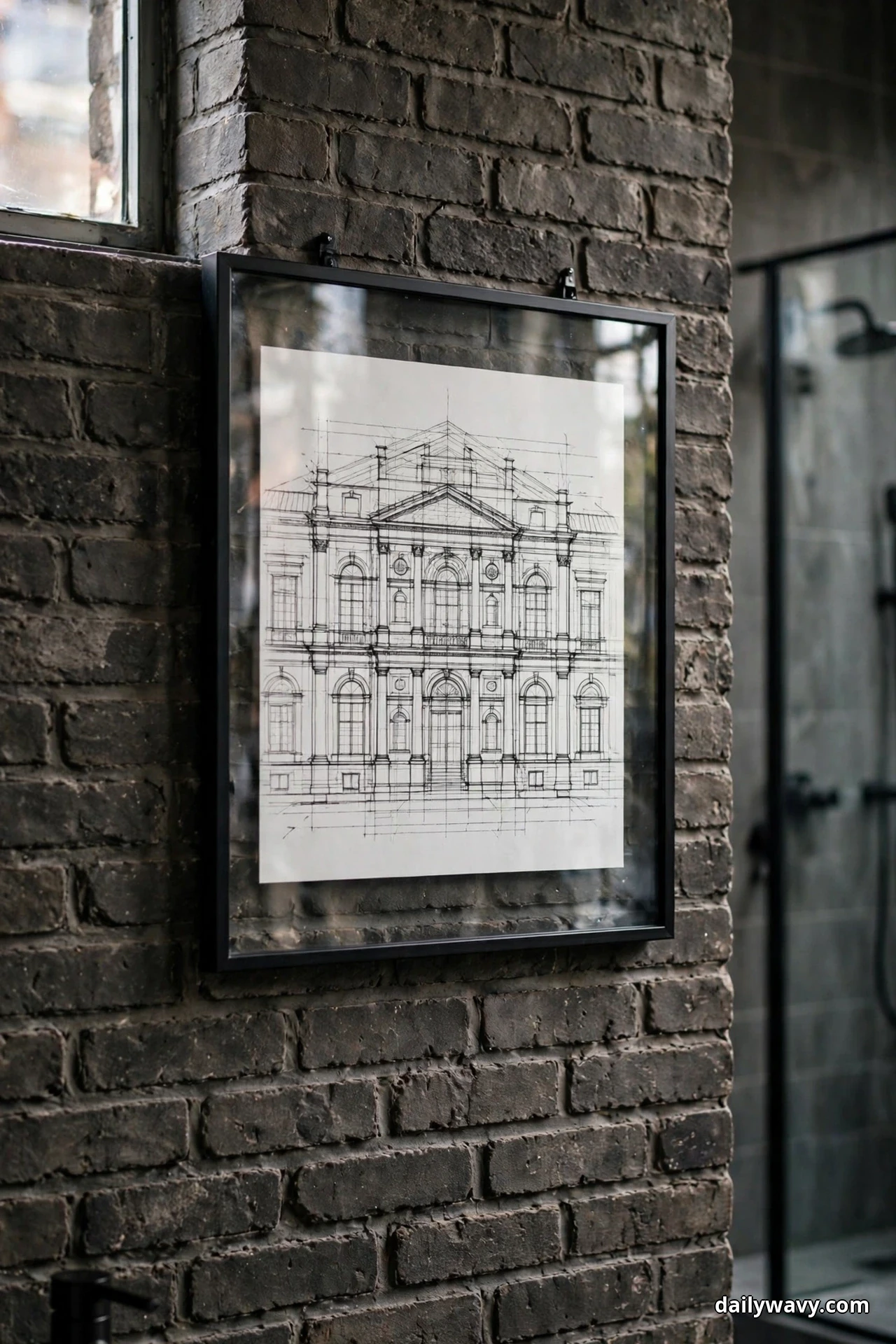 A black and white architectural line drawing in a thin black frame hangs on a dark brick wall beside a glass shower enclosure