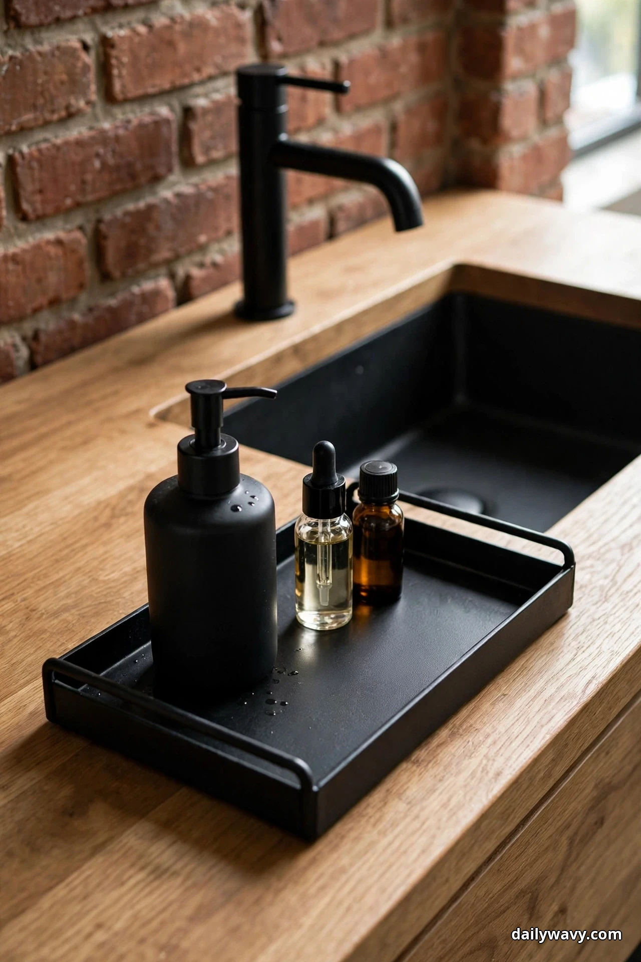A black metal tray with raised rails holds a matte black soap dispenser and two small bottles on a wood vanity counter beside a black inset sink and matte black faucet