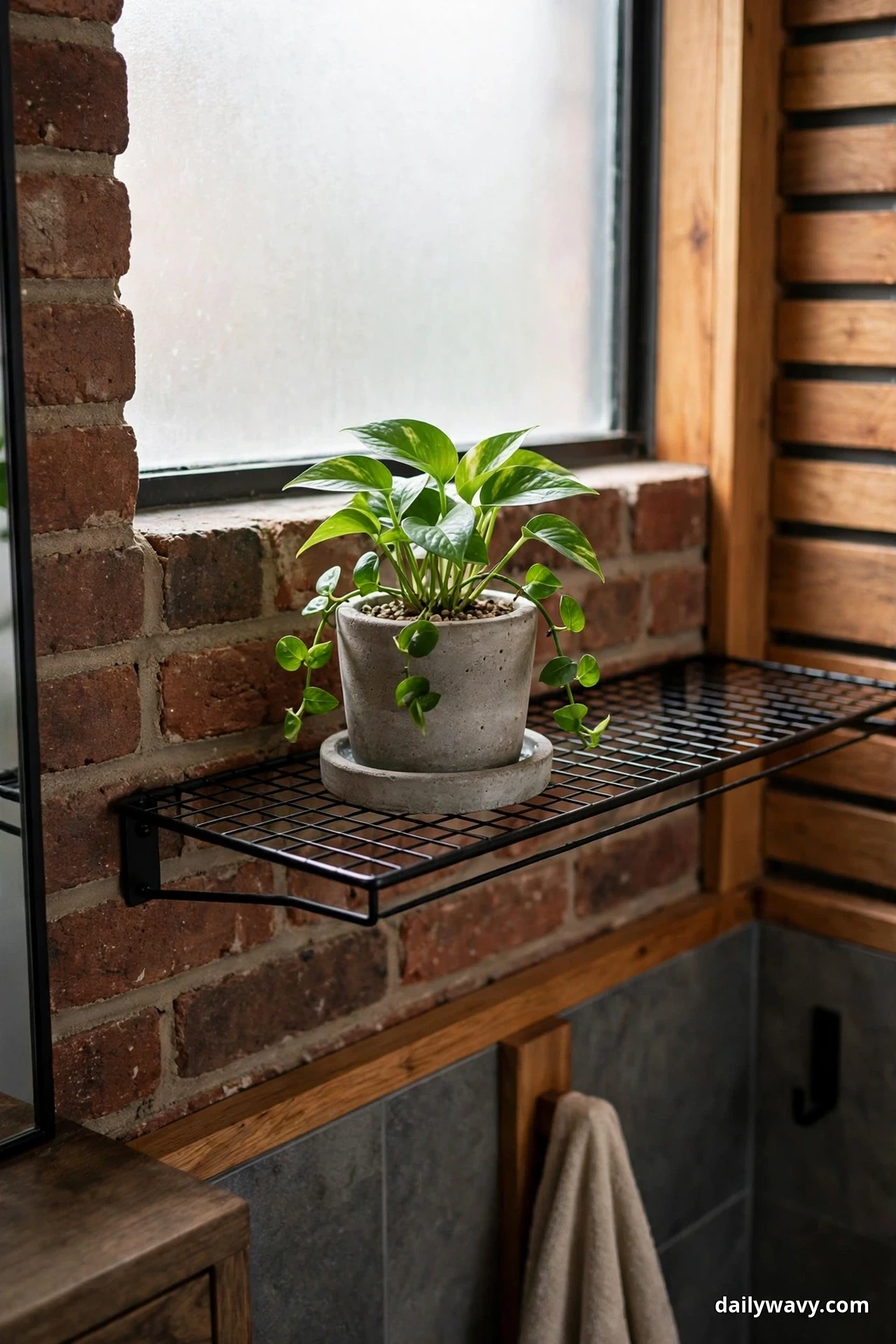 A green pothos plant in a gray concrete pot with a saucer sits on a black wire wall shelf beneath a frosted window, against an exposed brick wall