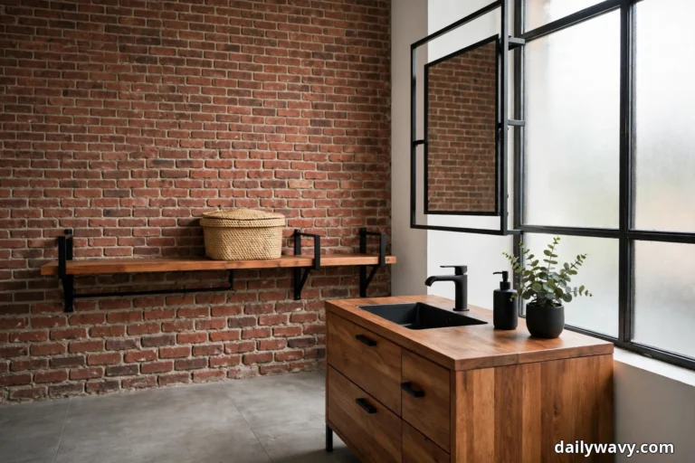 A wide view shows an industrial bathroom with an exposed brick wall, a long wood shelf on black brackets holding a lidded woven basket, and a wood vanity with a black inset sink and matte black faucet beneath a black-framed mirror by a frosted steel-frame window