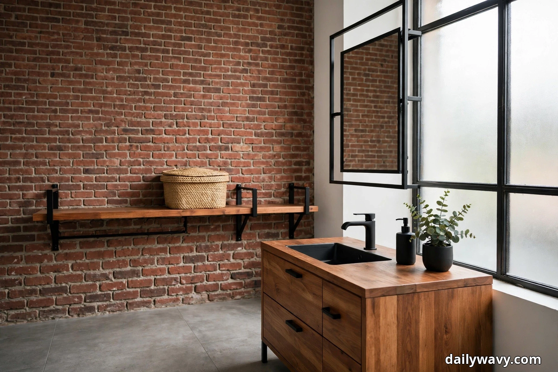 A wide view shows an industrial bathroom with an exposed brick wall, a long wood shelf on black brackets holding a lidded woven basket, and a wood vanity with a black inset sink and matte black faucet beneath a black-framed mirror by a frosted steel-frame window
