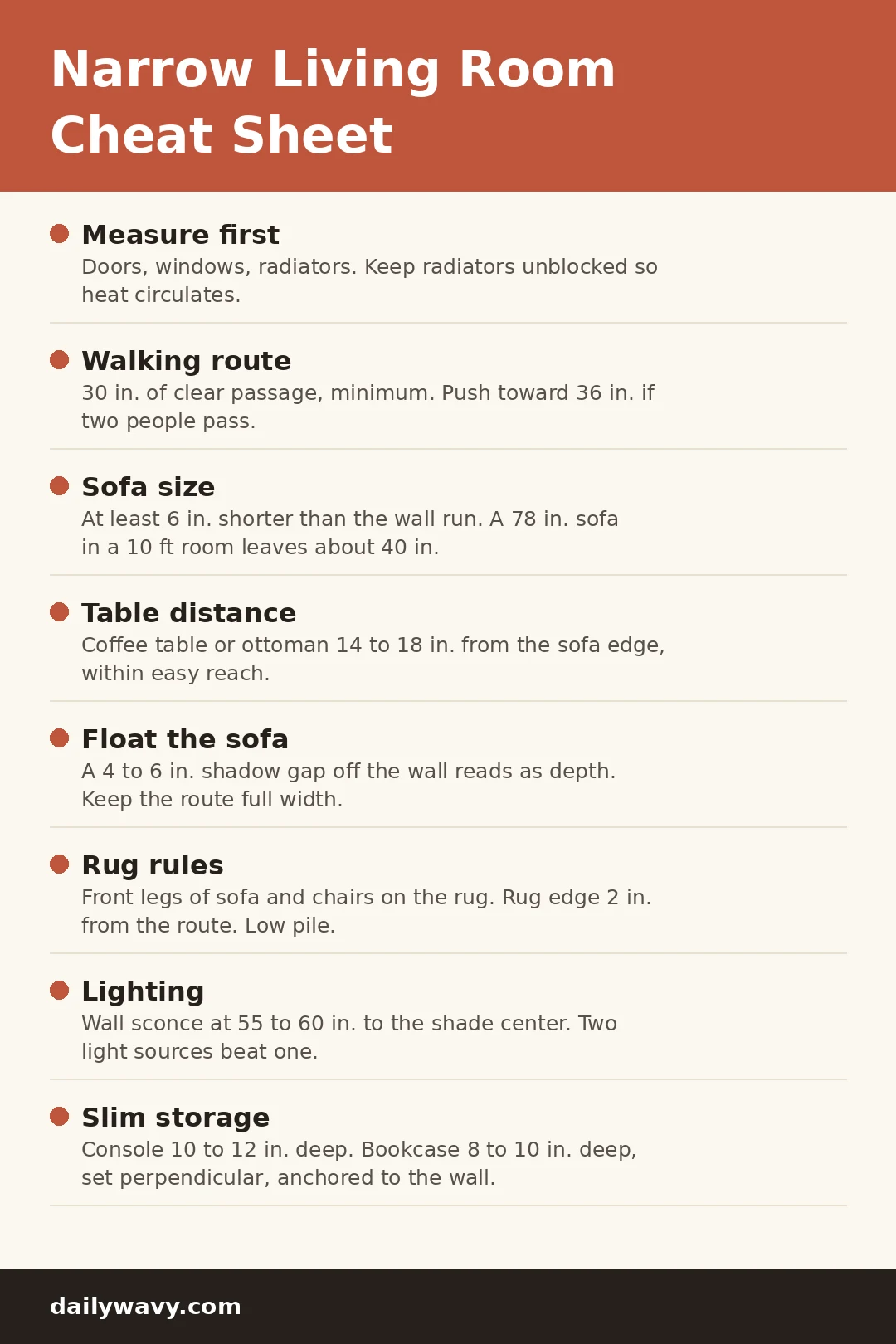 Narrow living room cheat sheet: walking route width, sofa sizing, table distances, rug rules, lighting heights and slim storage depths