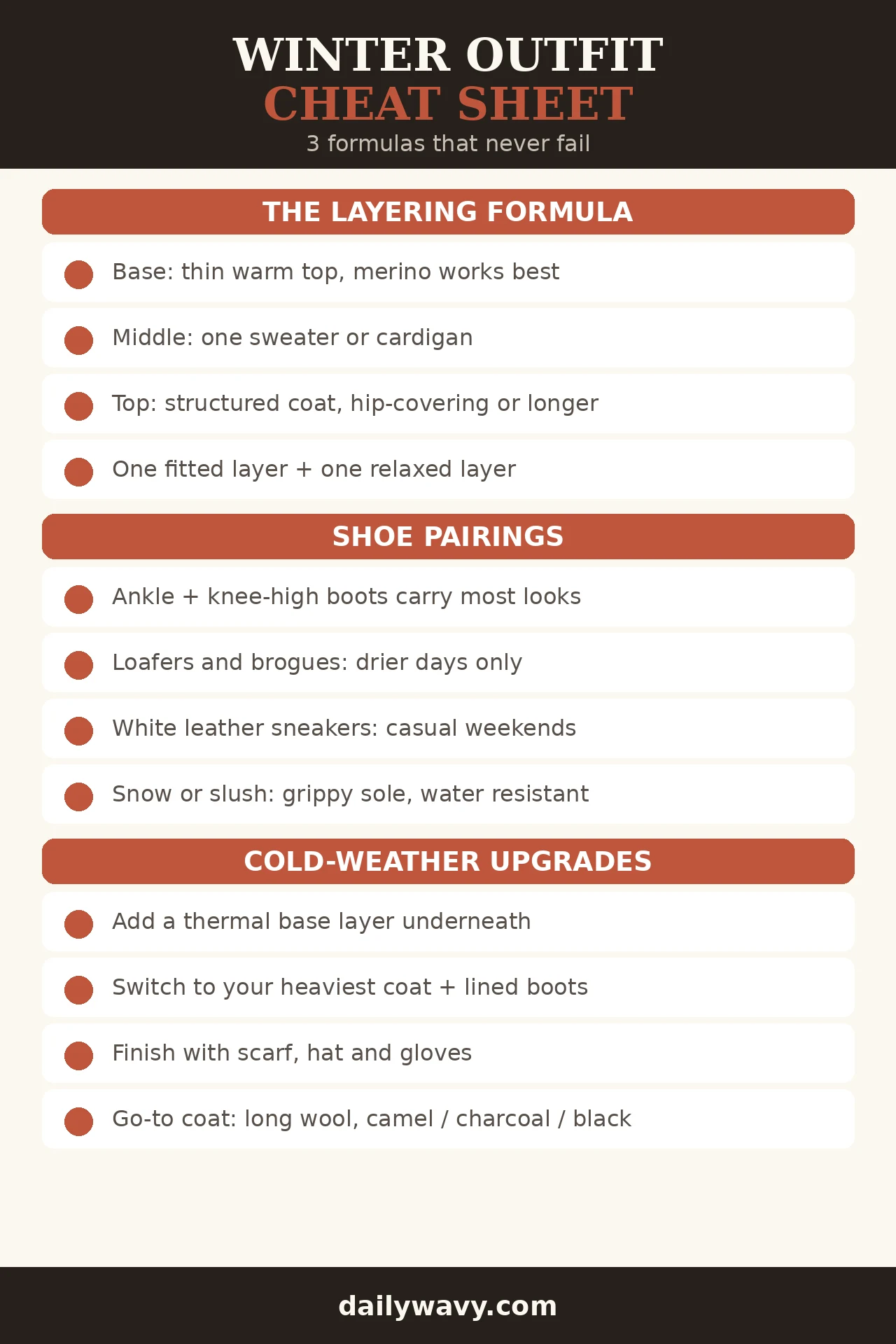 Winter outfit cheat sheet infographic with layering formulas, shoe pairings and cold-weather upgrades