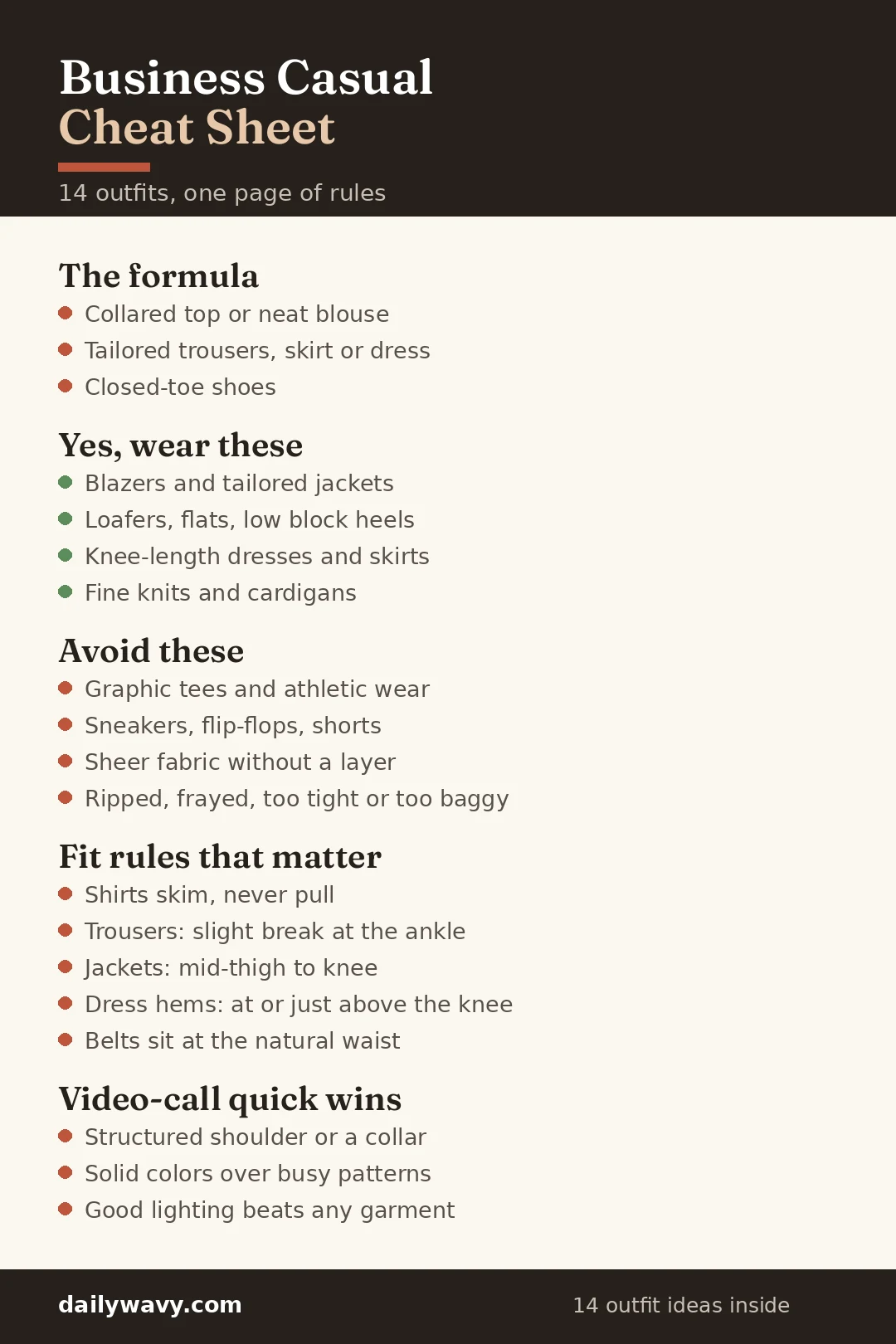 Business casual cheat sheet: outfit formula, yes and no lists, fit rules and video-call tips