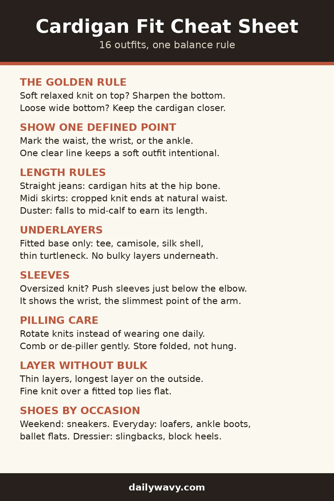 Cardigan fit cheat sheet: balance rules, length and layering tips, pilling care and shoes by occasion