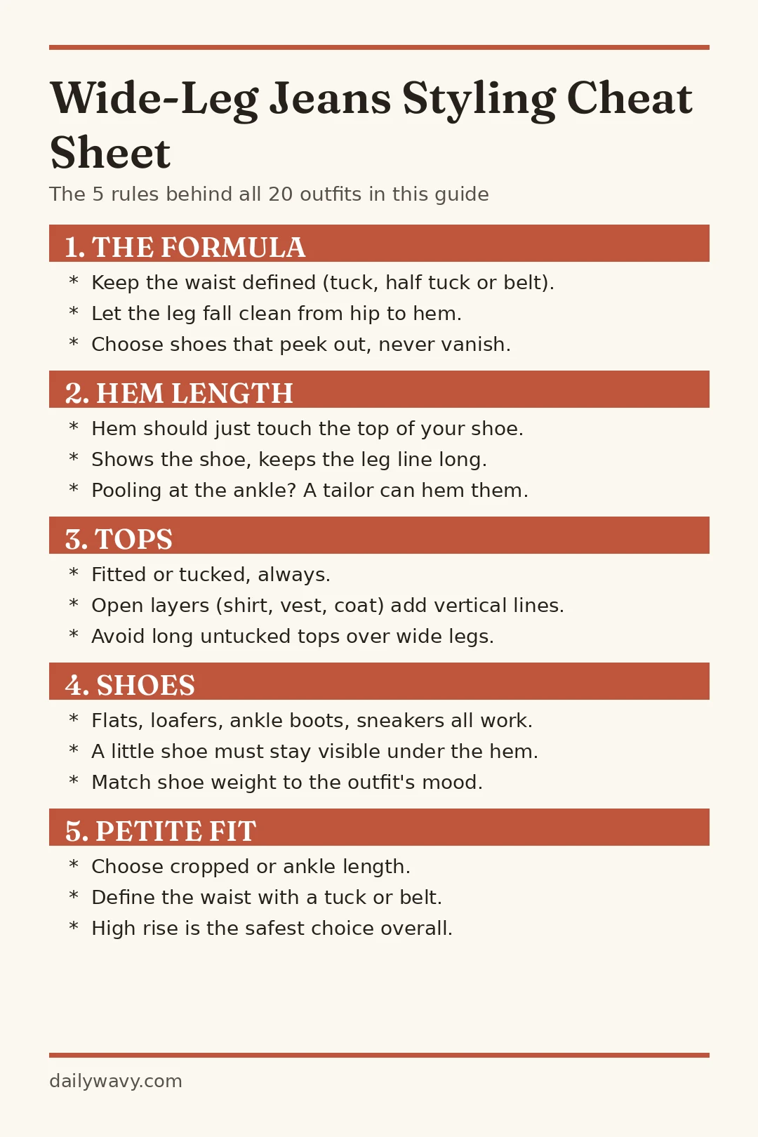 Wide-leg jeans styling cheat sheet: formula, hem length, tops, shoes and petite fit rules