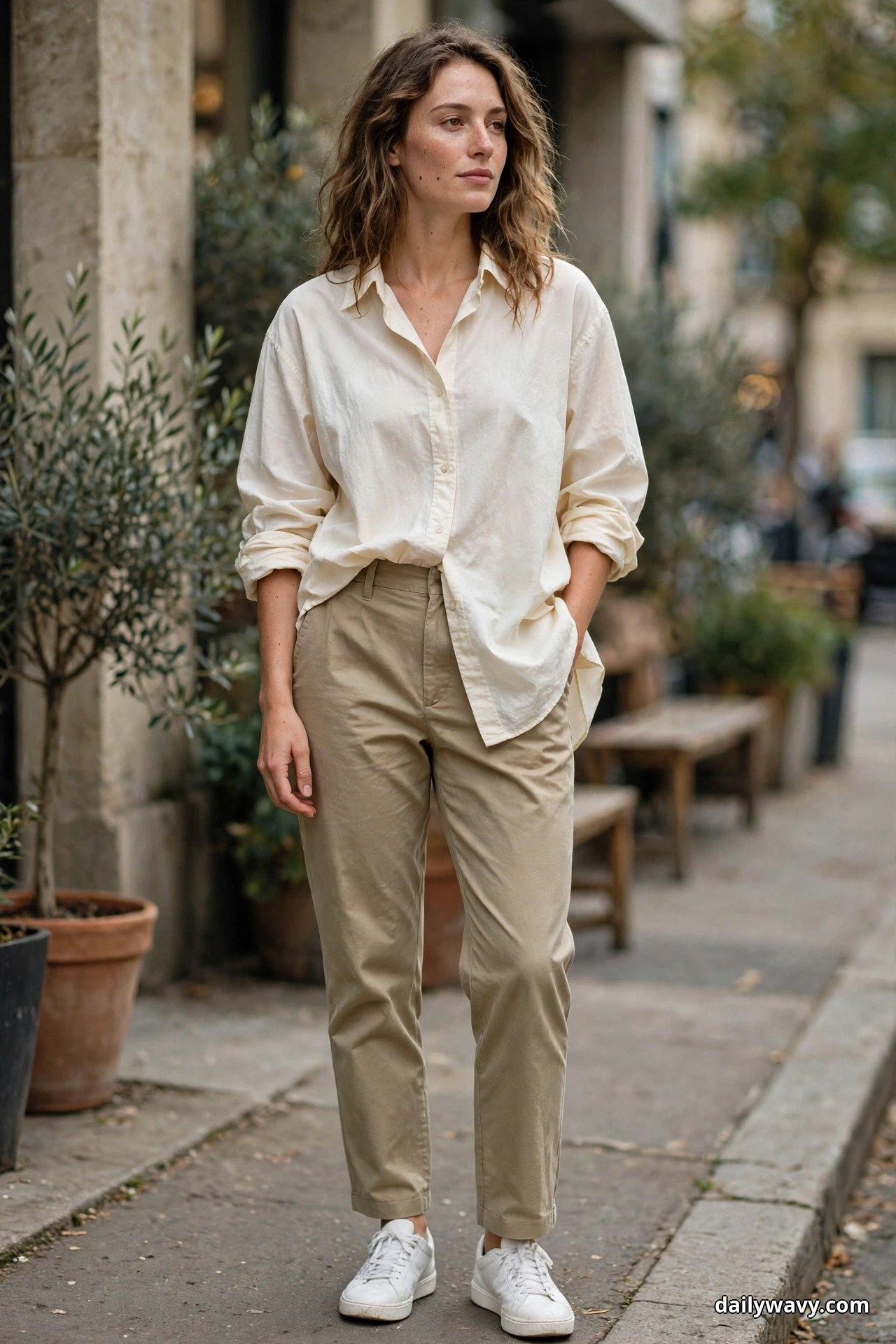 A woman stands full length on a cafe sidewalk wearing an oversized cream shirt with rolled sleeves and a half tuck over tapered khaki trousers, with white sneakers below the hems