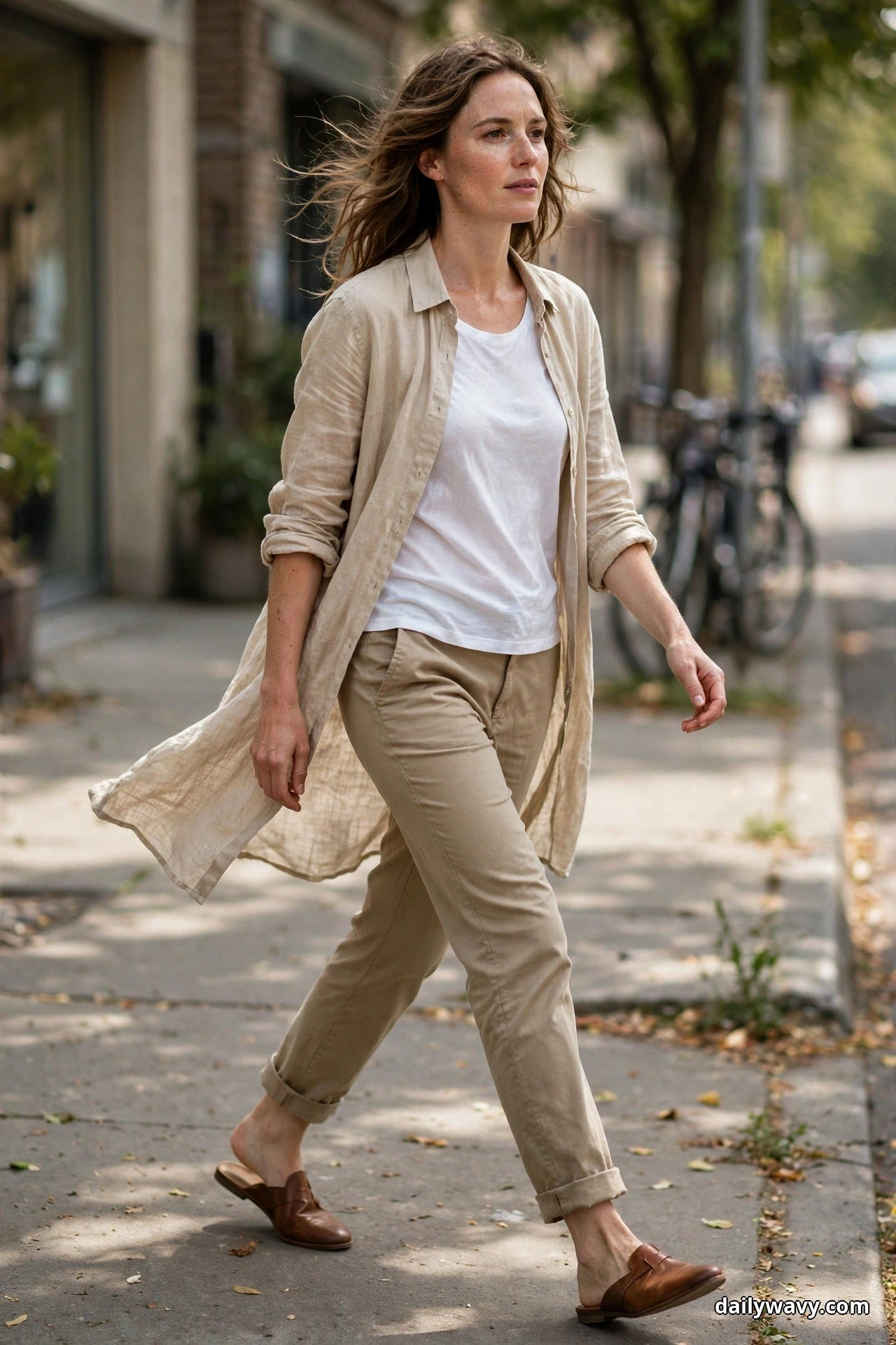 A woman walks along a sidewalk wearing a longline natural linen shirt open over a white tee with cuffed slim khaki trousers and brown leather flat mules