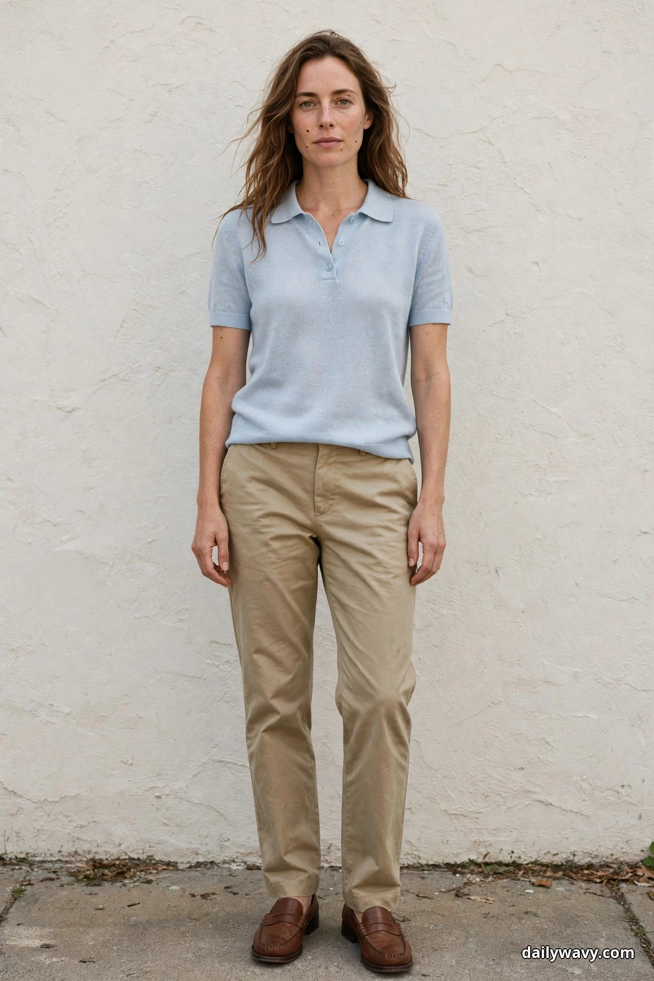 A woman stands against a textured wall wearing a pale blue short-sleeve knit polo over khaki trousers, with brown penny loafers below the hems