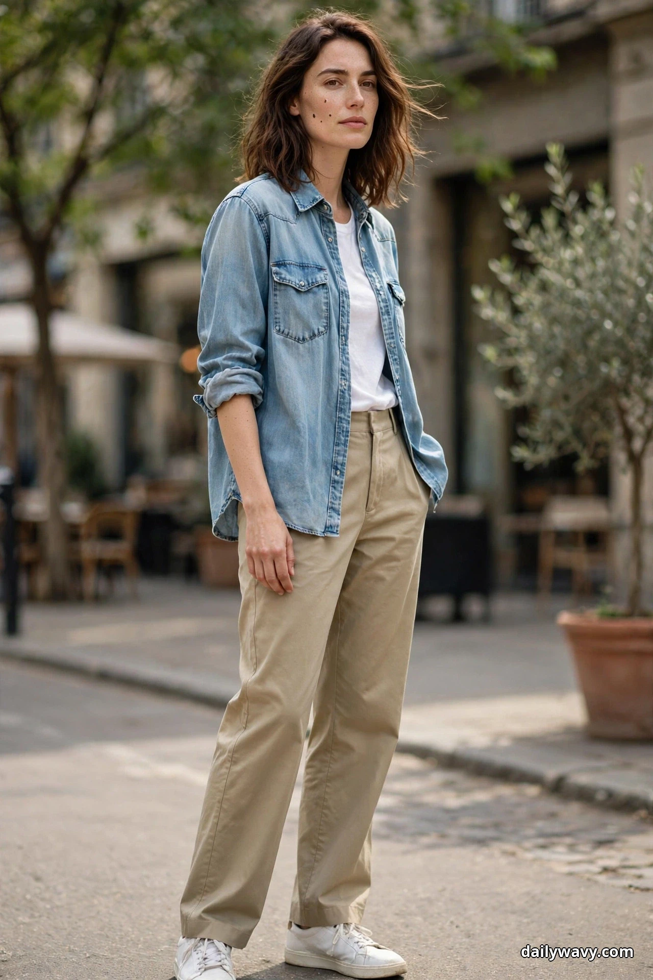 A woman stands on a street wearing a light-wash denim shirt open over a white tee with straight khaki trousers and white sneakers below the hems