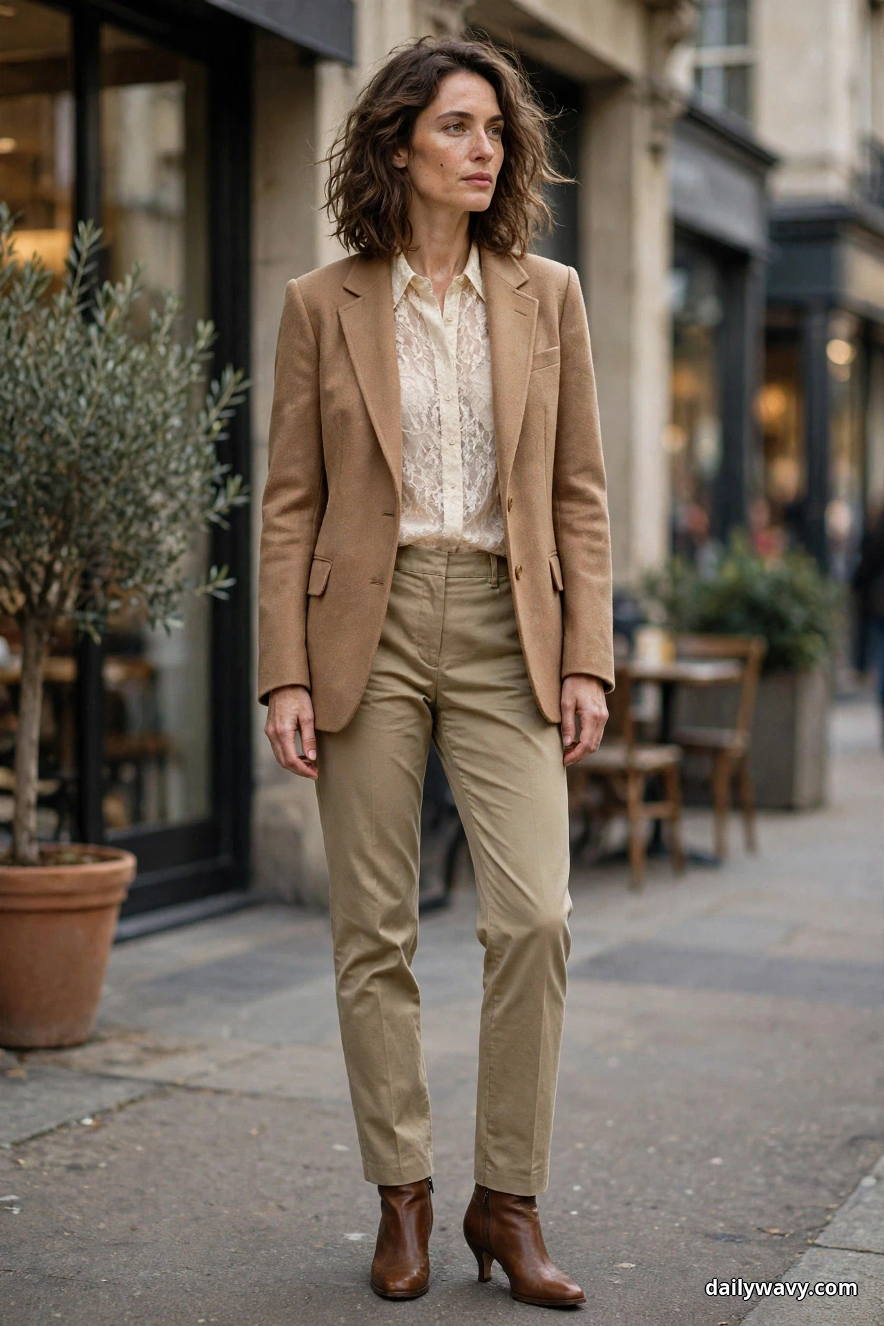 A woman stands on a shopping street wearing a cream lace blouse under an open camel tailored blazer with tapered khaki trousers and brown heeled ankle boots