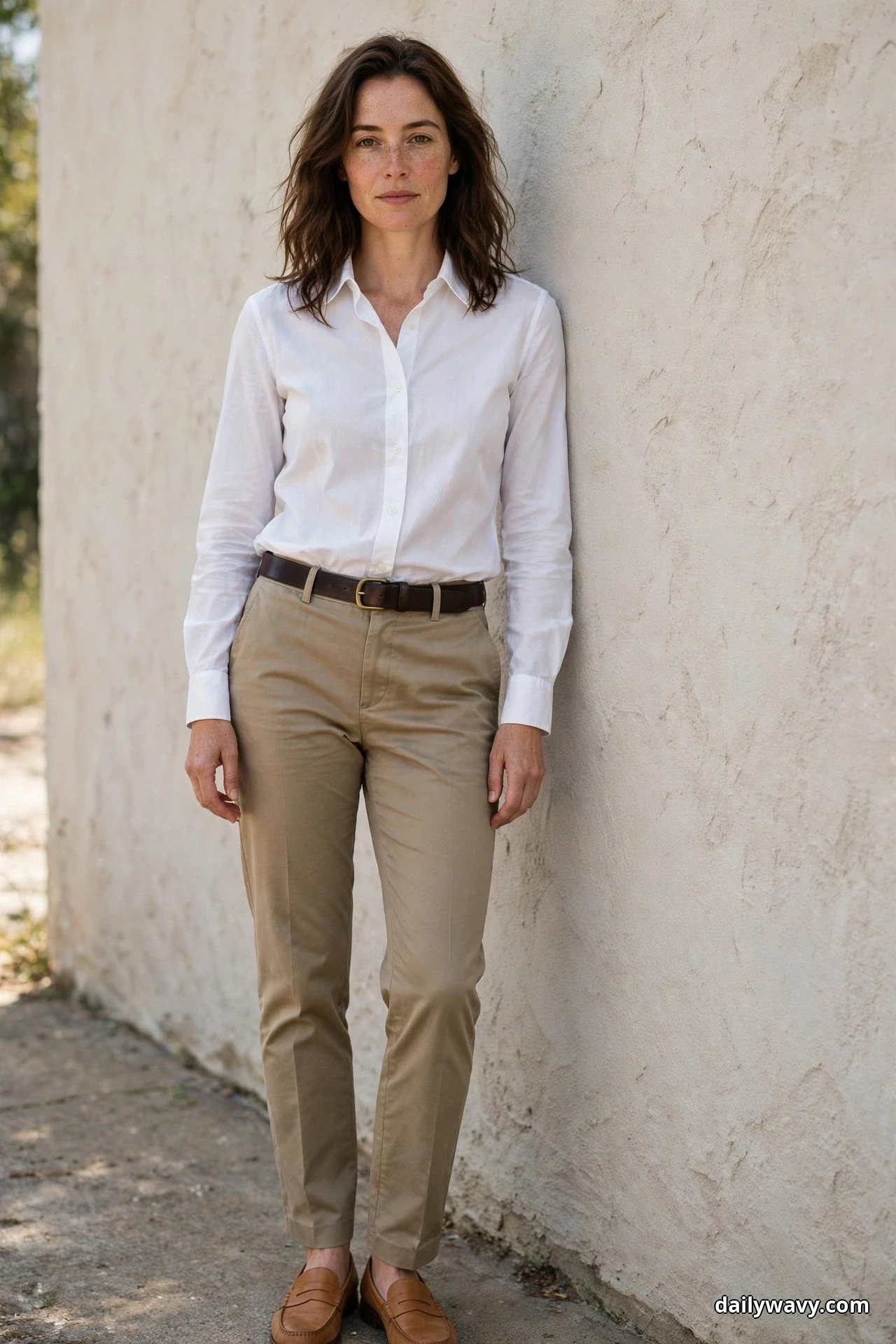 A woman stands against a plaster wall wearing a white cotton shirt tucked into khaki trousers with a dark brown slim belt and tan leather loafers