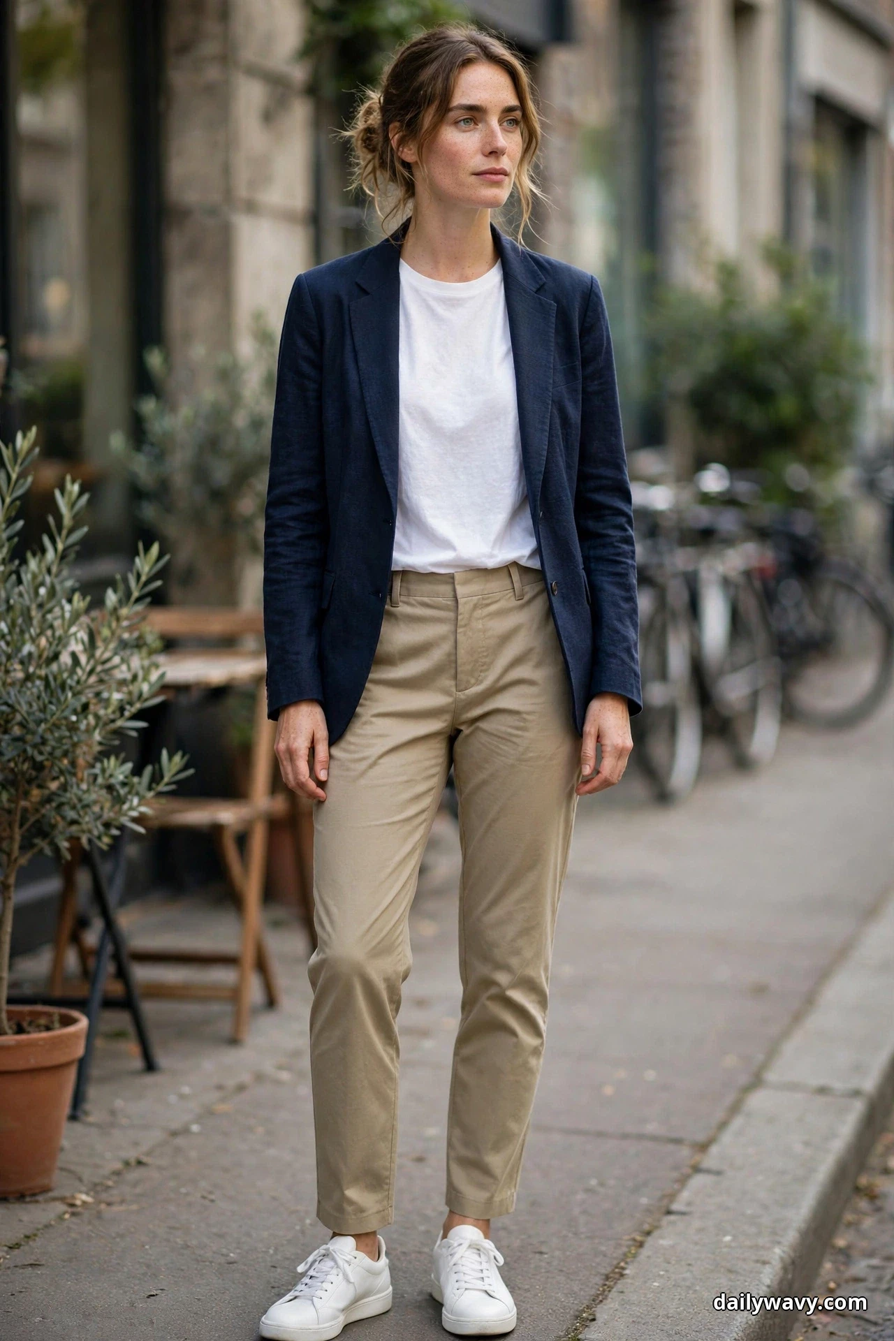 A woman stands on a sidewalk wearing a white tee under an open navy blazer with tapered khaki trousers and white minimal sneakers