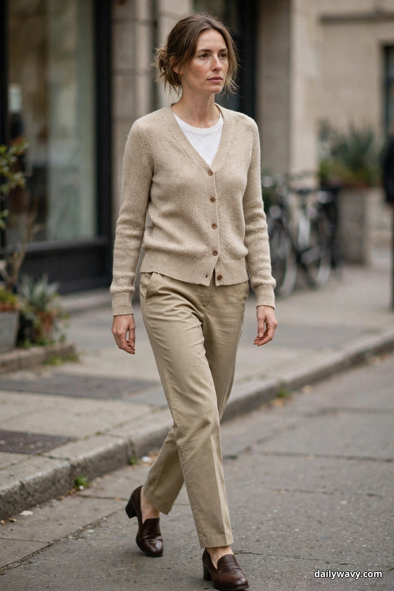 A woman walks along a sidewalk wearing an oatmeal fitted cardigan buttoned over a white tee with straight khaki trousers and dark brown leather heeled loafers