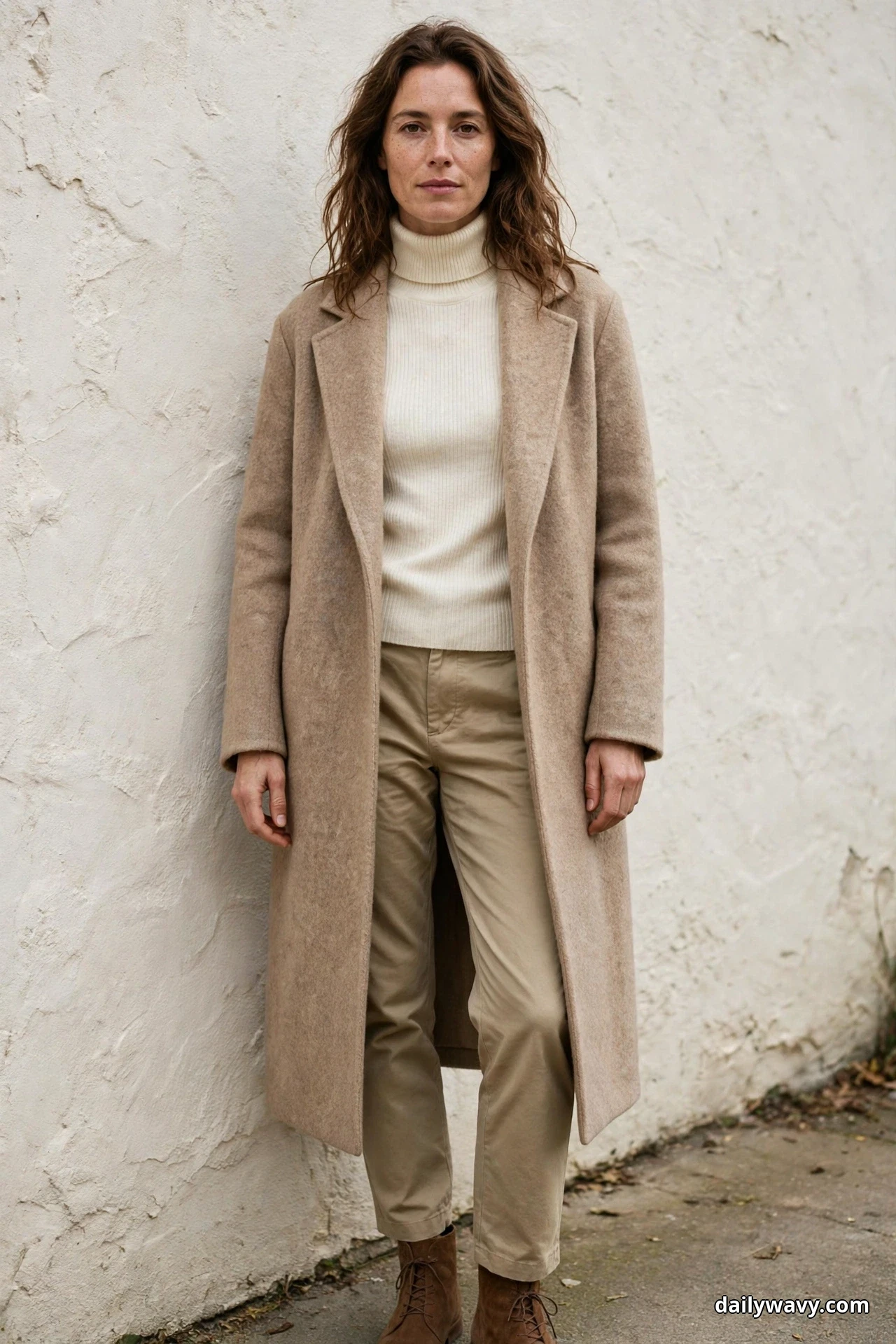 A woman stands against a plaster wall wearing a cream turtleneck under a long camel wool coat worn open, with khaki trousers and brown suede lace-up ankle boots