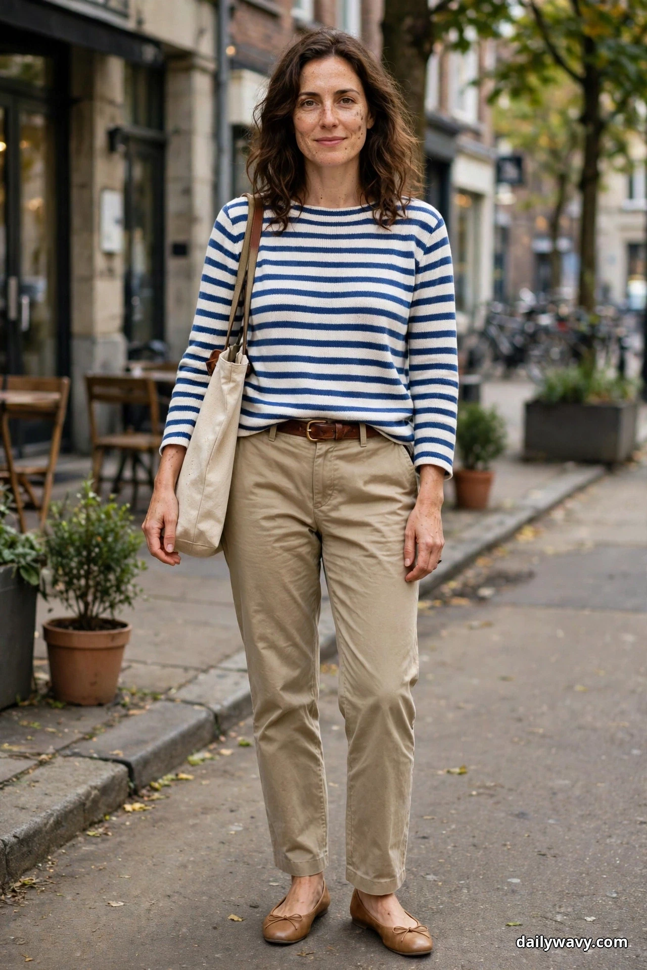 A woman stands on a sidewalk wearing a navy and white striped knit with a brown belt over khaki trousers, carrying a canvas tote and wearing tan ballet flats