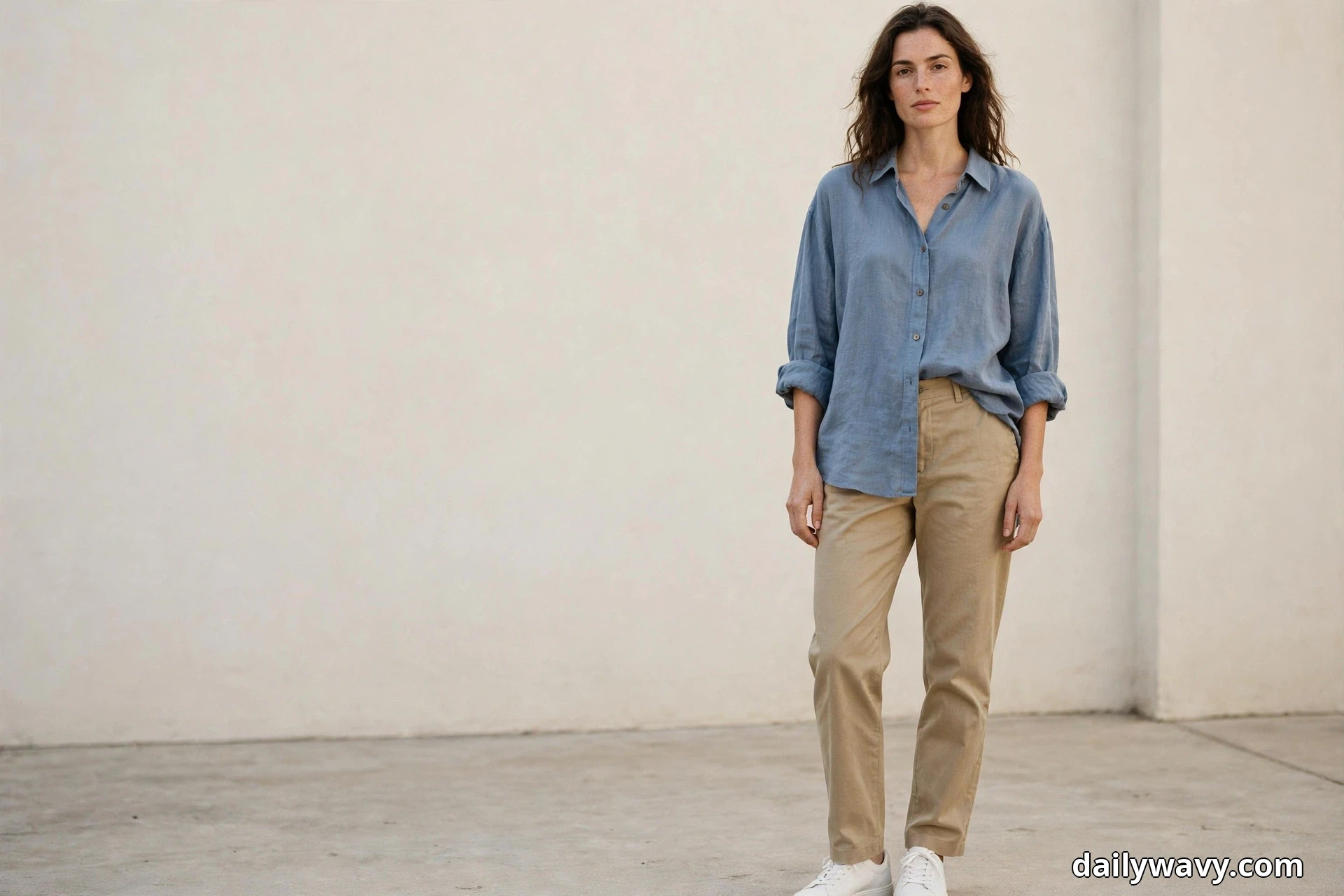 A woman stands full length against a plain wall wearing a relaxed slate-blue shirt with rolled sleeves and a half tuck over straight khaki trousers, with white sneakers below the hems