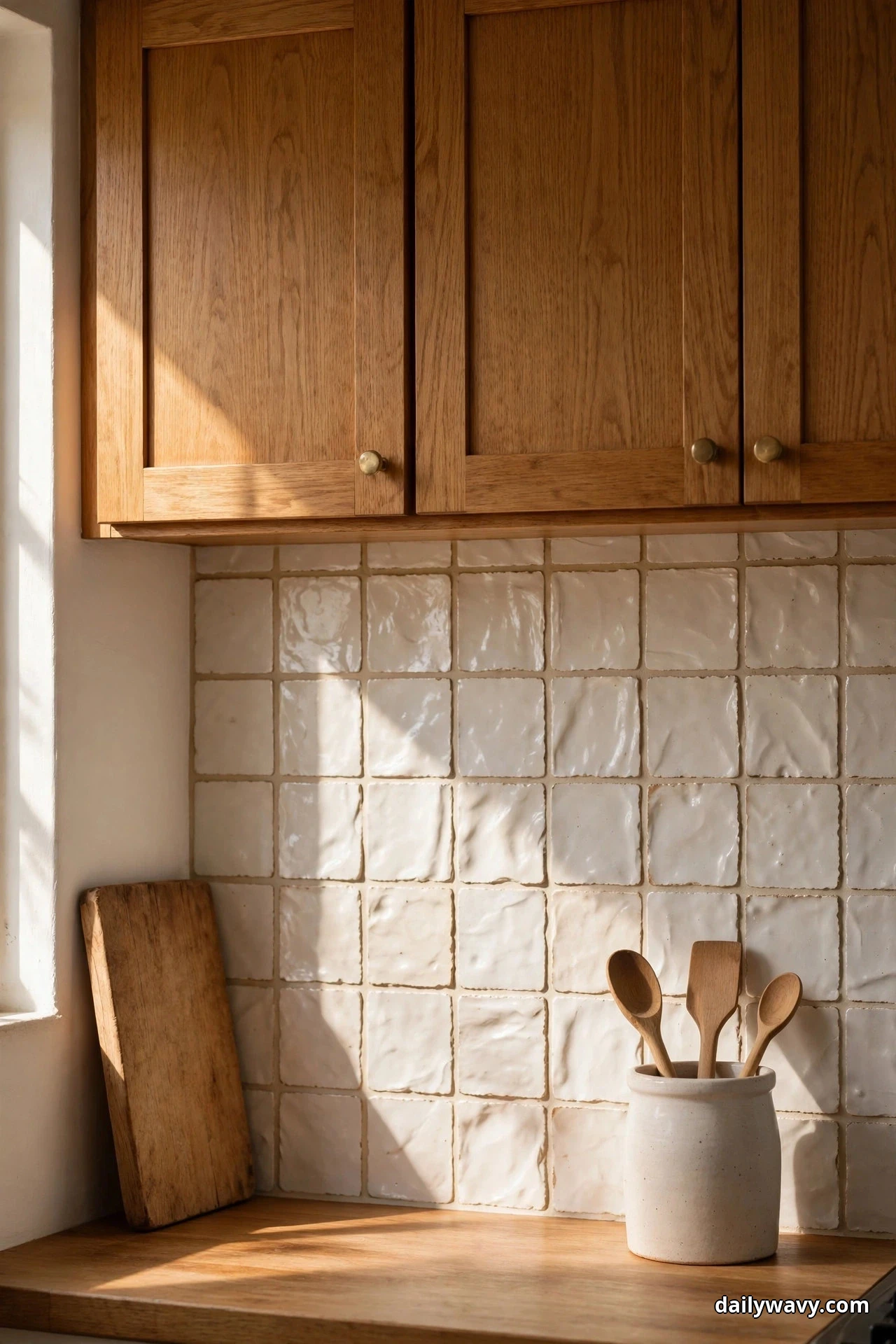 Warm white handmade-look square tile with visible surface undulation fills the backsplash beneath oak shaker cabinets, styled only with a wooden cutting board and a ceramic crock of wooden spoons on the wood counter