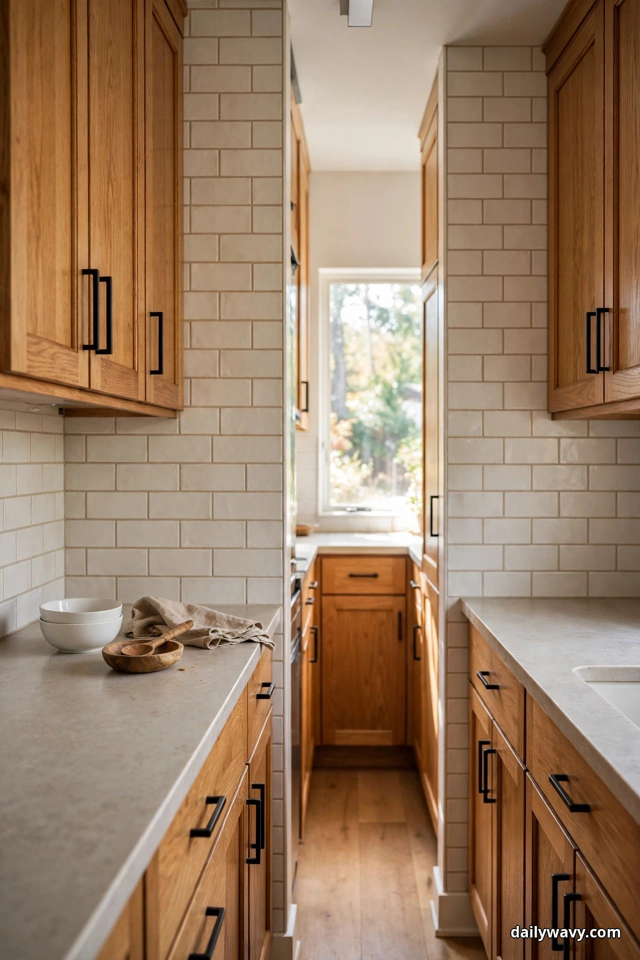A compact galley kitchen pairs honey oak cabinets and matte black bar pulls with a warm off-white subway tile backsplash, with two stacked white bowls and a wooden spoon rest on the counter