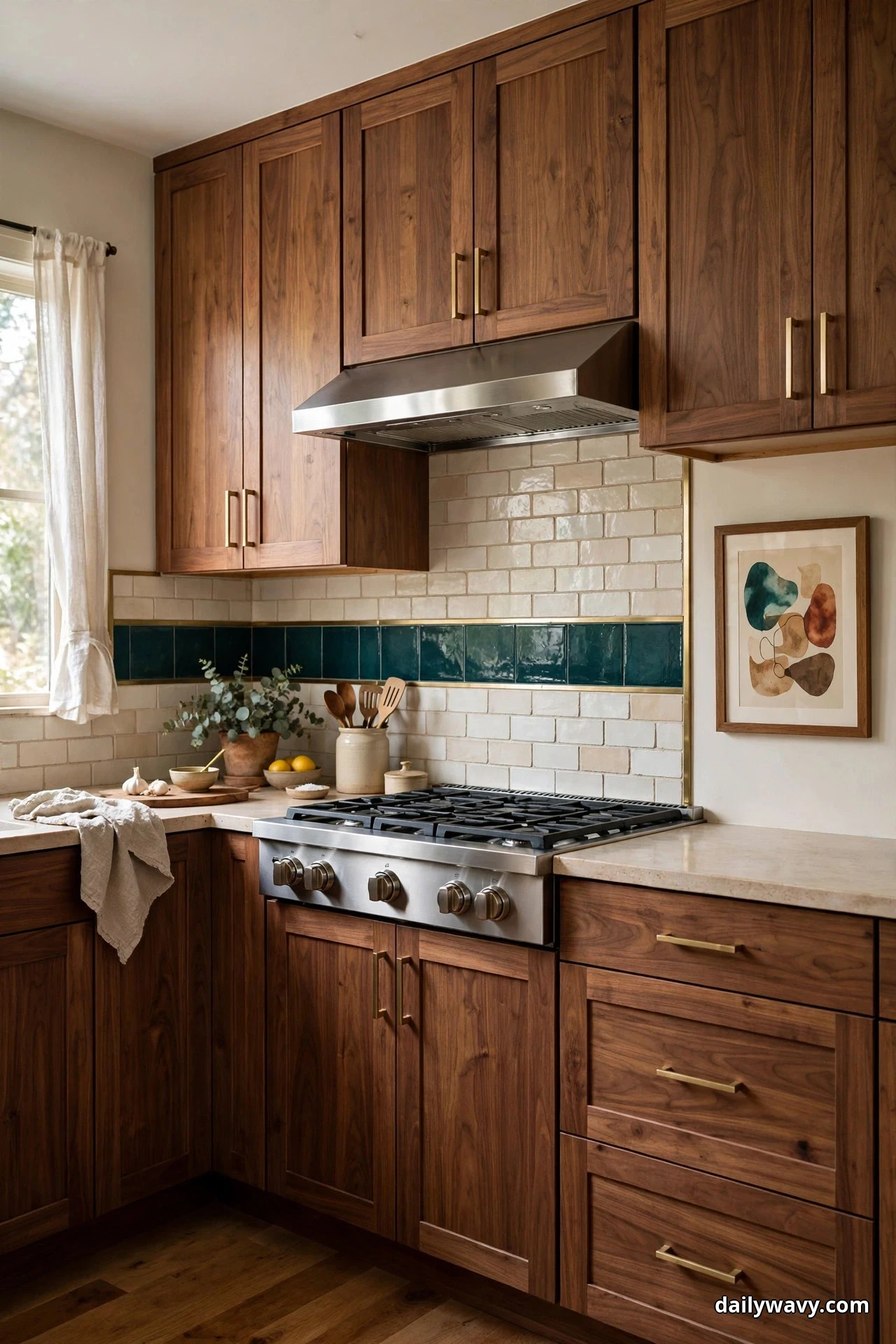 Warm walnut cabinets frame a cream handmade-look tile backsplash crossed by a single horizontal band of deep teal glazed tile with brass edge trim above the range, with a framed abstract print in teal and terracotta hanging on the wall beside it