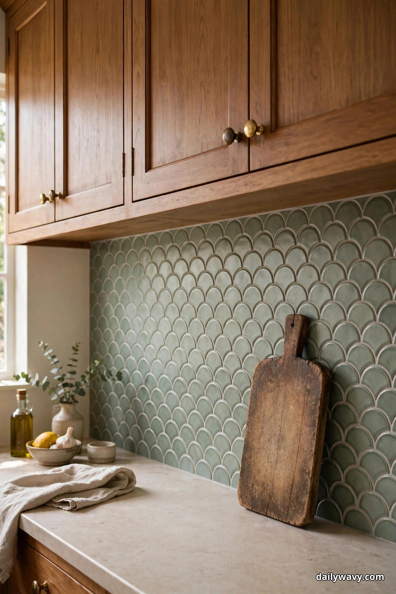 Muted sage scallop tile in straight rows covers the backsplash behind medium-tone wood cabinets, with a worn wooden cutting board leaning against the tile and plain white ceramics on the counter