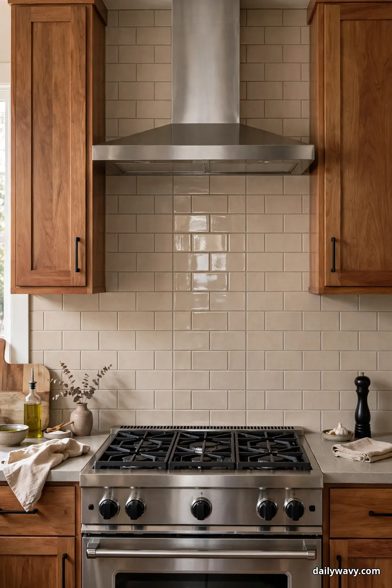 Warm greige tile in matte and gloss finishes covers the backsplash between medium wood cabinets, with a glossier vertical stripe behind the stainless range catching the light under the hood