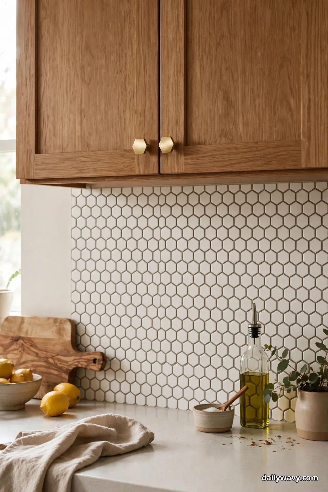 Small warm white hexagon tile with slightly darker grout covers the backsplash beneath light oak cabinets fitted with hex-shaped brass knobs, with a wooden cutting board, lemons and an olive oil bottle on the counter
