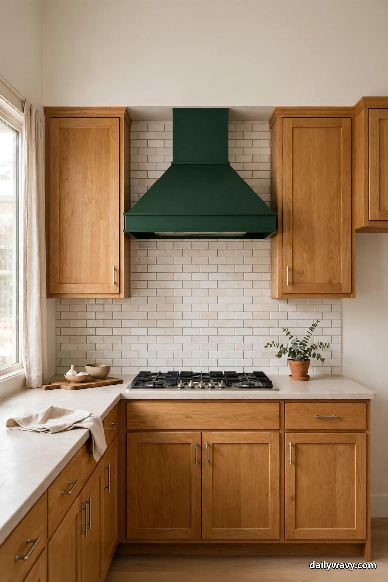 Light warm-white stacked tile covers the backsplash behind golden oak cabinets, with a deep green range hood as the single saturated accent above the gas cooktop