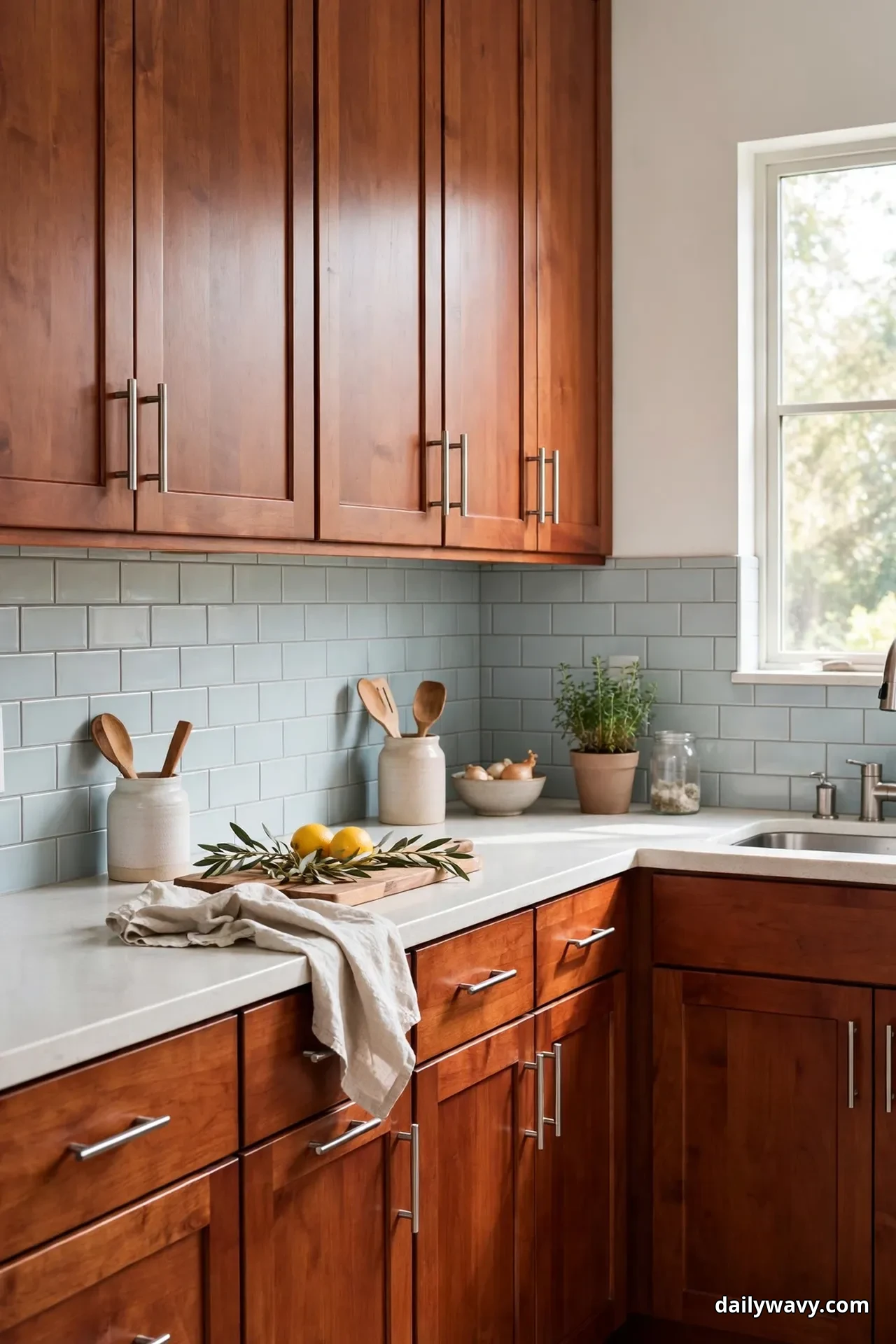 Cool pale blue-gray subway tile in running bond balances warm cherry wood cabinets with brushed stainless bar pulls, with ceramic crocks and a potted herb on the white counter