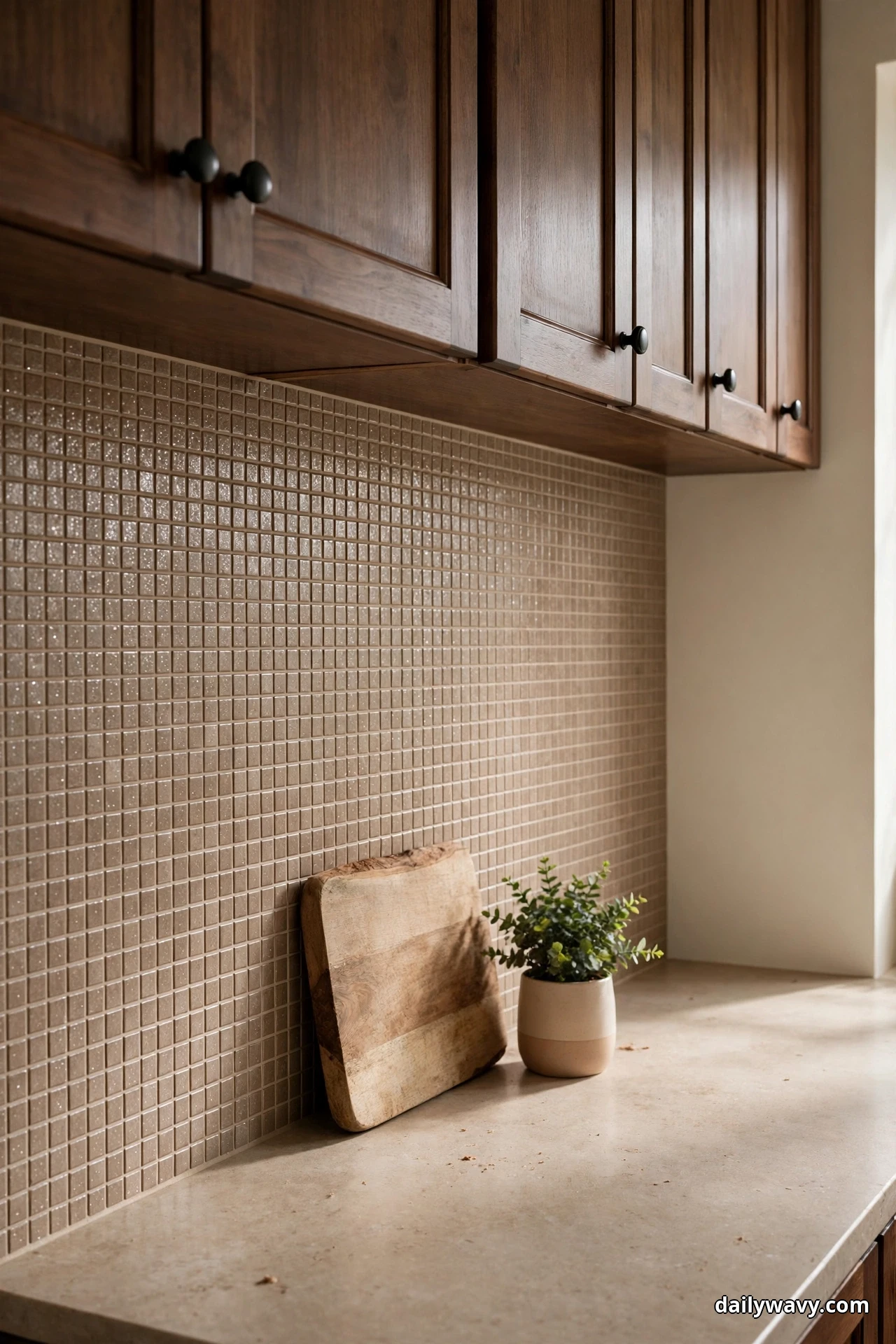 A small-scale warm taupe mosaic tile backsplash with matching grout runs beneath dark walnut cabinets with round black knobs, styled with one wooden cutting board and one small potted plant