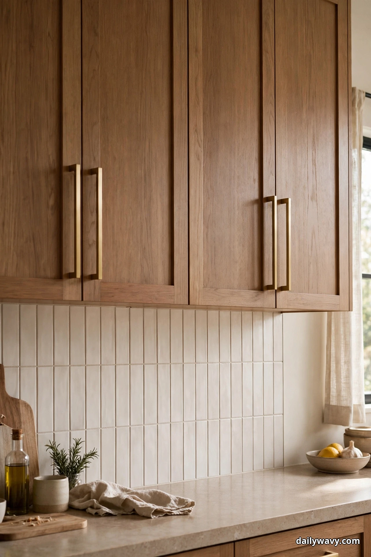 Soft warm white rectangular tile laid vertically in a straight grid rises to the underside of tall wood upper cabinets with vertical brass bar pulls, above a pale counter with a bowl of lemons