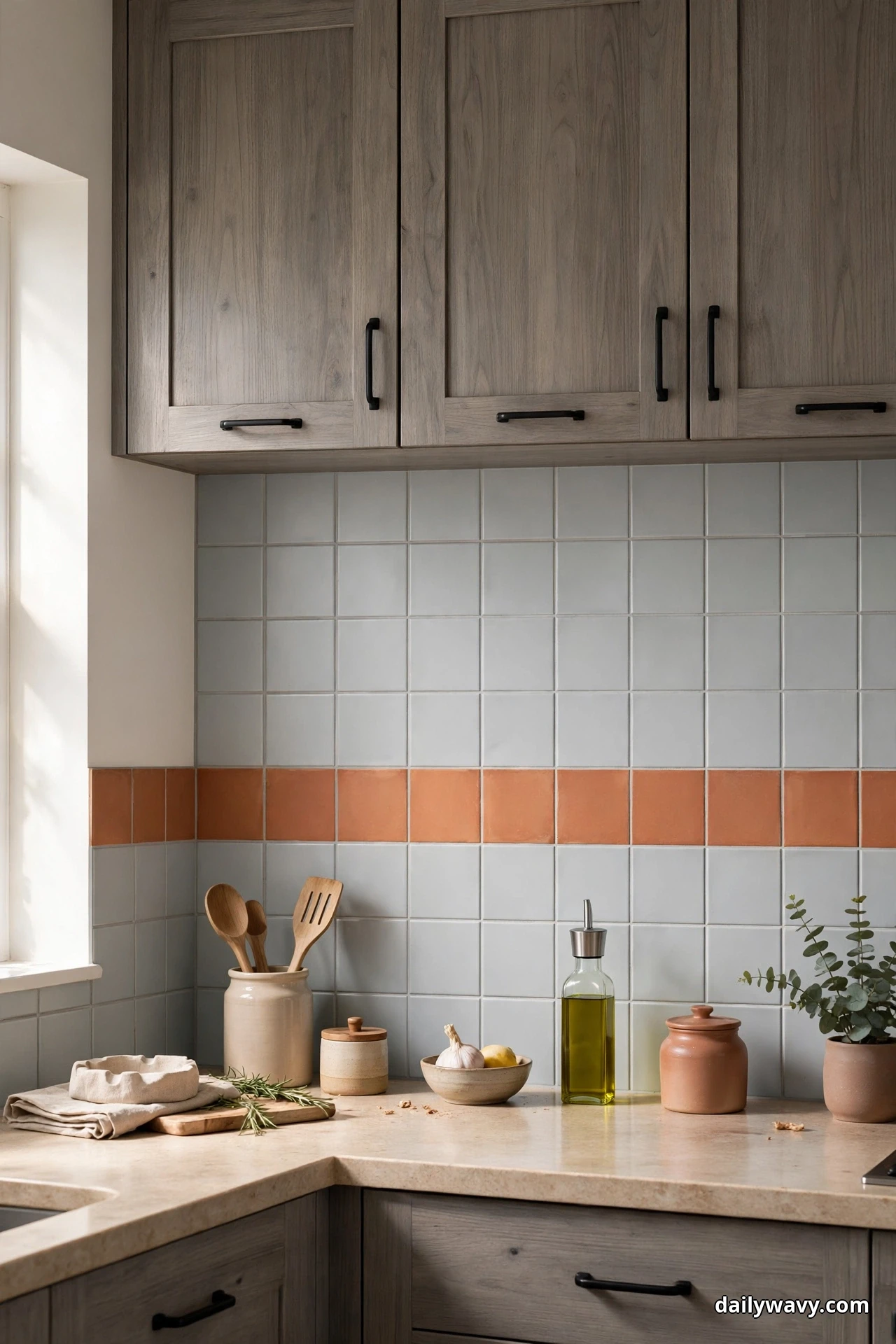 Cool light-gray square field tile with a single horizontal row of warm terracotta accent tile at counter height covers the backsplash behind gray-washed wood cabinets with matte black pulls