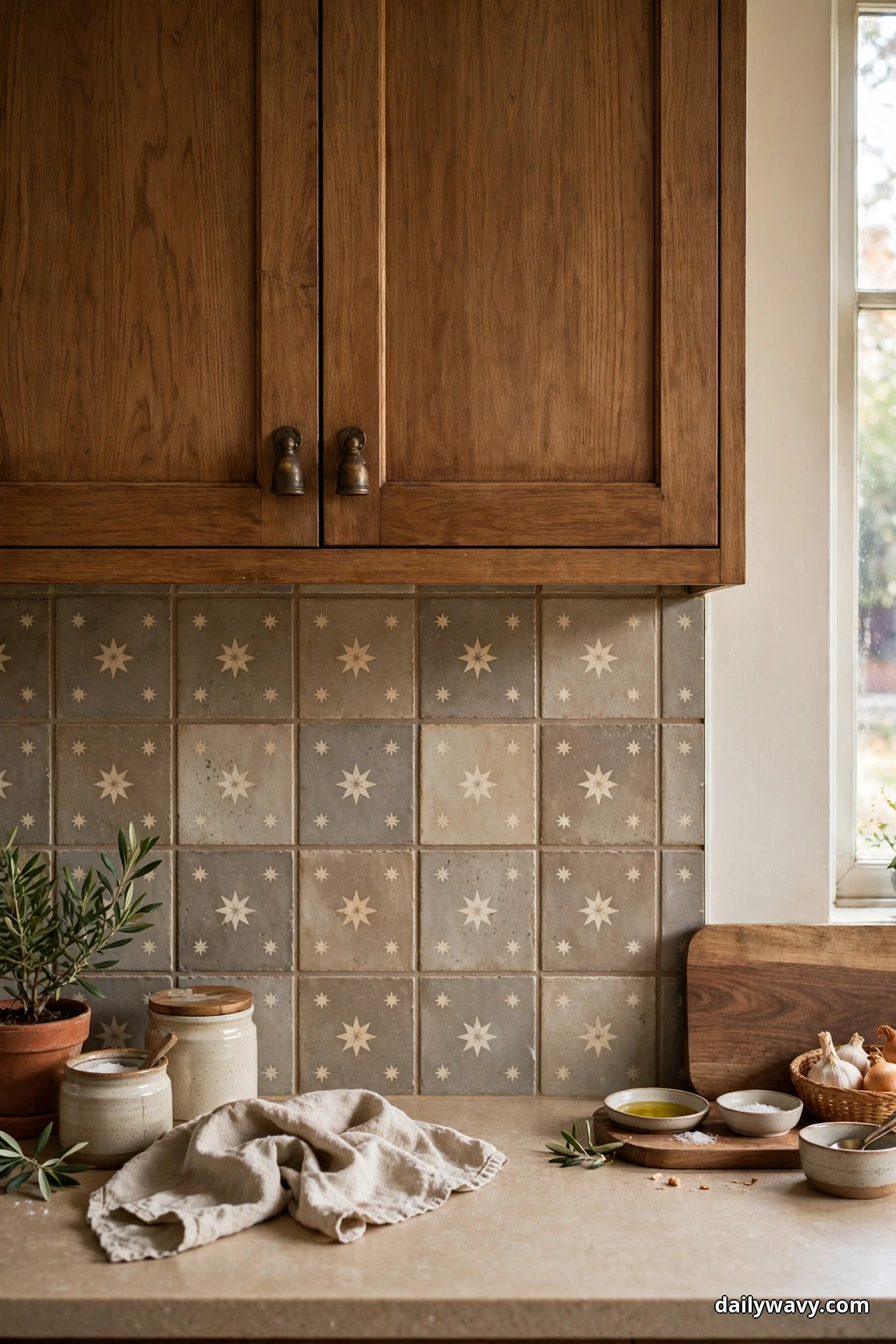 Warm gray and cream encaustic-look porcelain tile with a subtle star motif covers the backsplash behind medium wood cabinets with aged bronze cup pulls, with ceramic canisters and a linen cloth on the counter