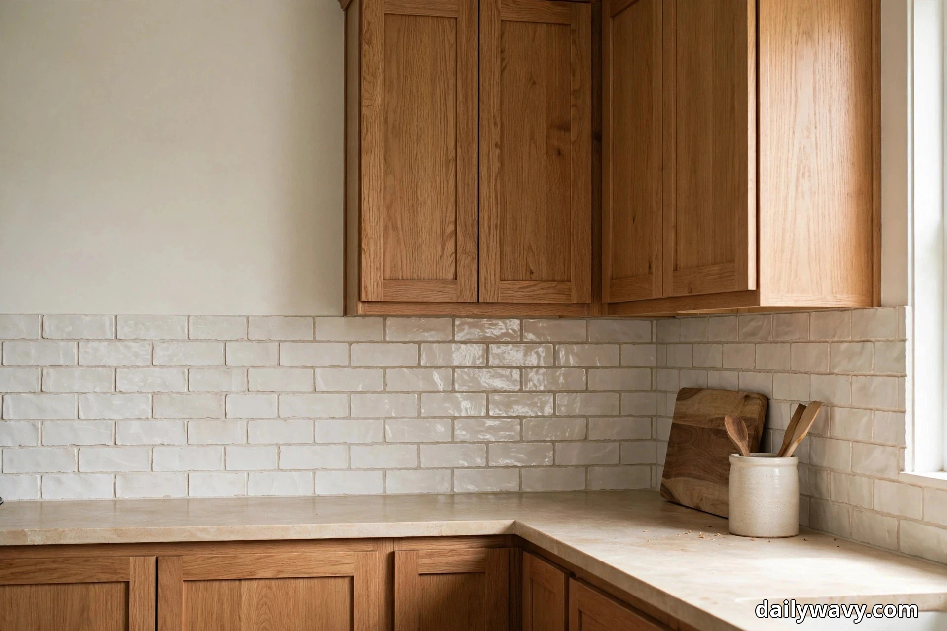 Medium oak shaker cabinets wrap a kitchen corner above a handmade-look warm white tile backsplash, with a wooden cutting board and a ceramic crock holding wooden spoons on the pale stone counter