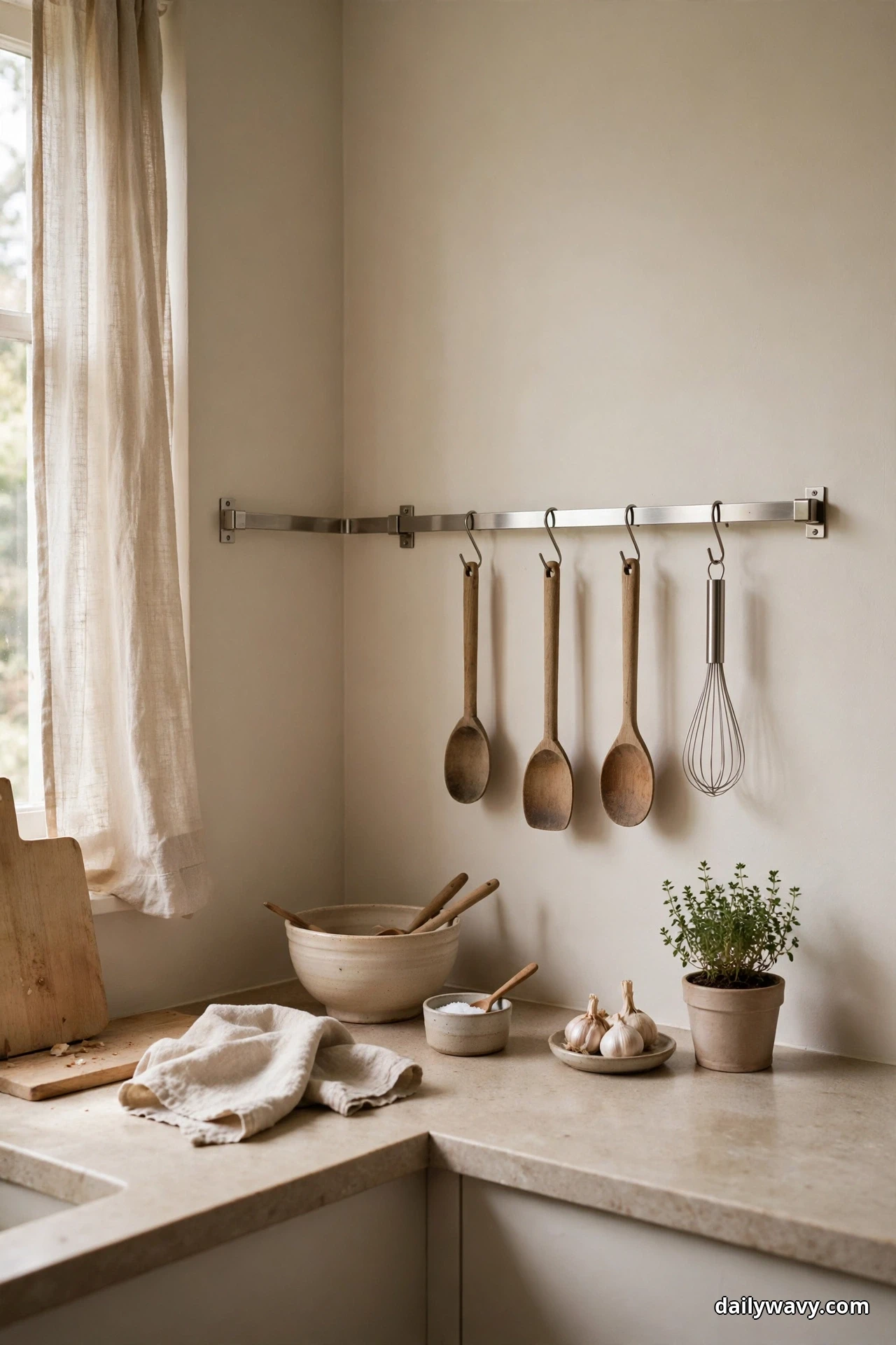 A stainless rail mounted on the wall above a kitchen corner counter holds three wooden spoons and a wire whisk on hooks, with a mixing bowl, a small potted herb and garlic on the counter below