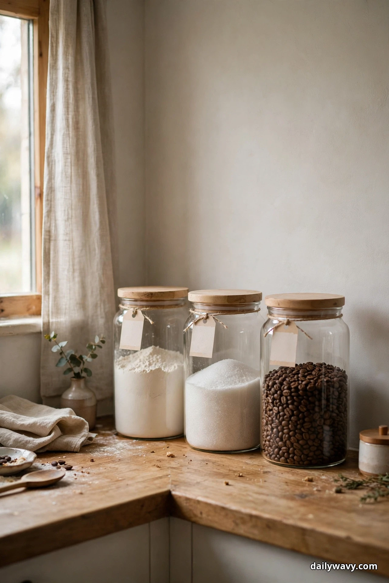 Three large glass canisters with wooden lids and paper tags hold flour, sugar and coffee beans in a row on a wooden corner counter by a window