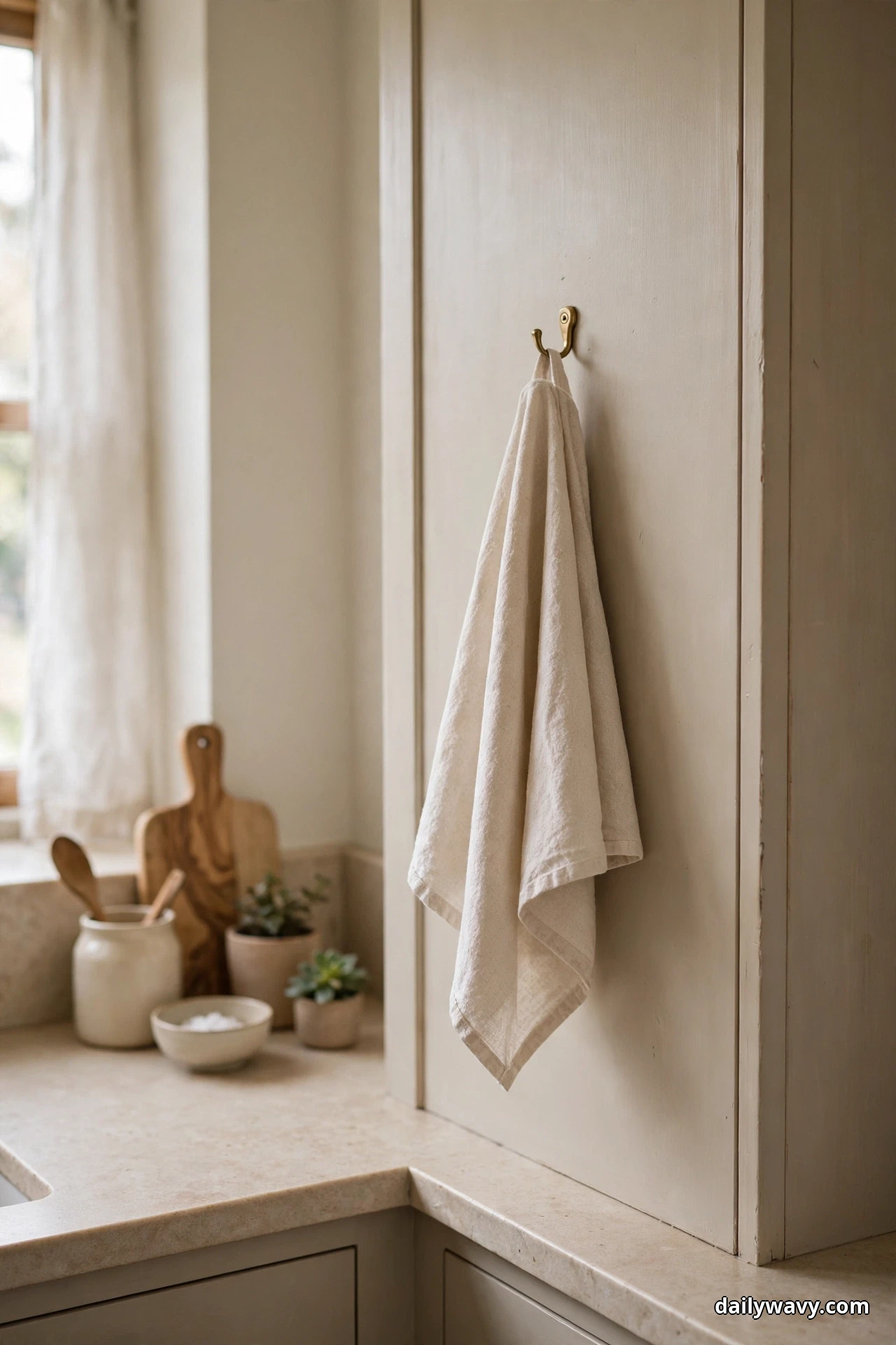A cream linen hand towel hangs from a single hook mounted on the side of a tall cabinet beside a kitchen corner counter with small bowls and potted succulents