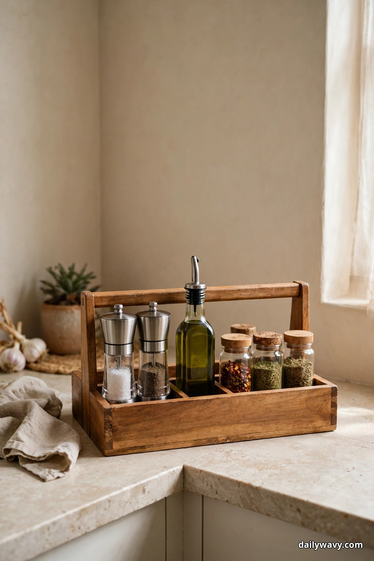 A wooden caddy with a carry handle holds salt and pepper grinders, an olive oil bottle and small corked spice jars on a stone corner counter