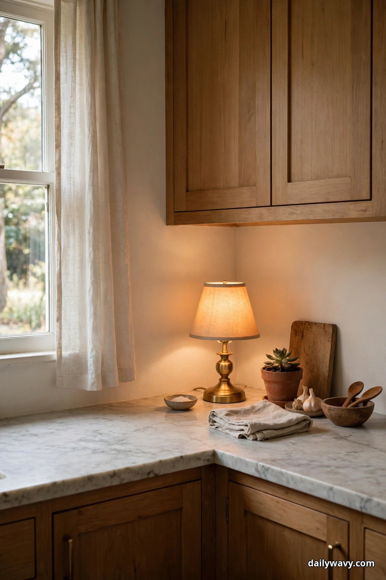 A small brass lamp with a fabric shade glows warmly on a marble corner counter beneath wooden upper cabinets, beside a folded cloth and a small potted succulent