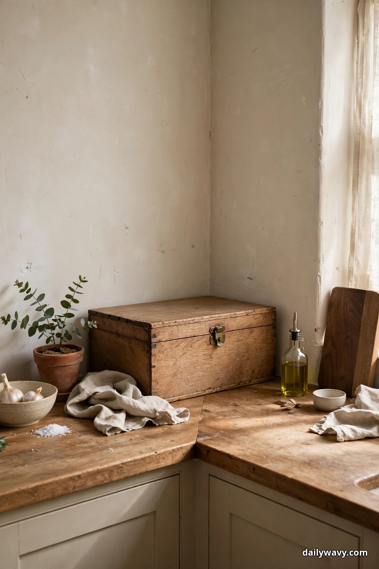 A closed wooden box with a metal clasp sits at the back of a worn wooden corner counter beside a small potted plant, an oil bottle and a bowl of garlic