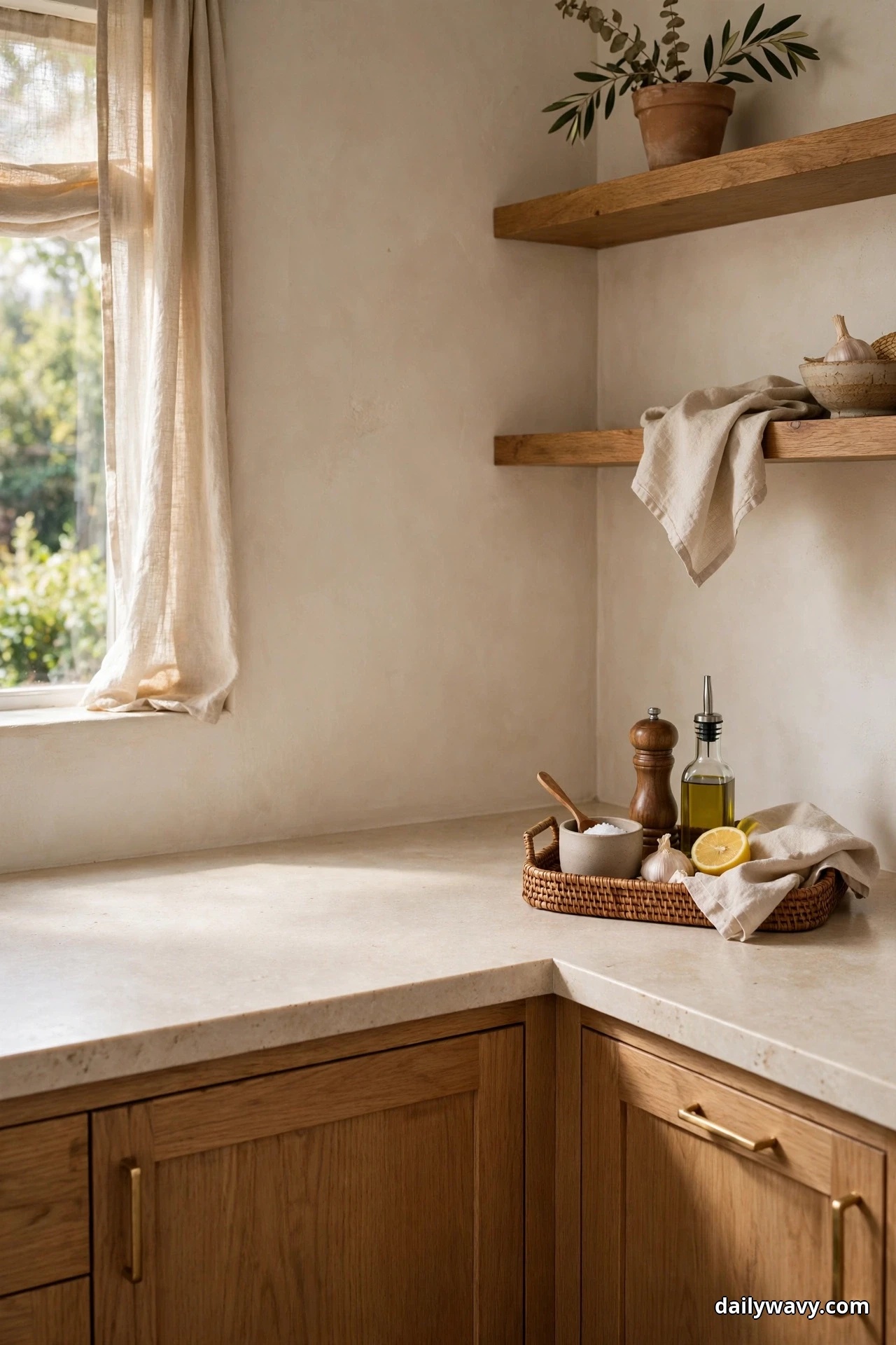 A clear empty stretch of pale corner counter sits in front of open wooden shelves, with a small tray of salt, oil and lemon resting at the back