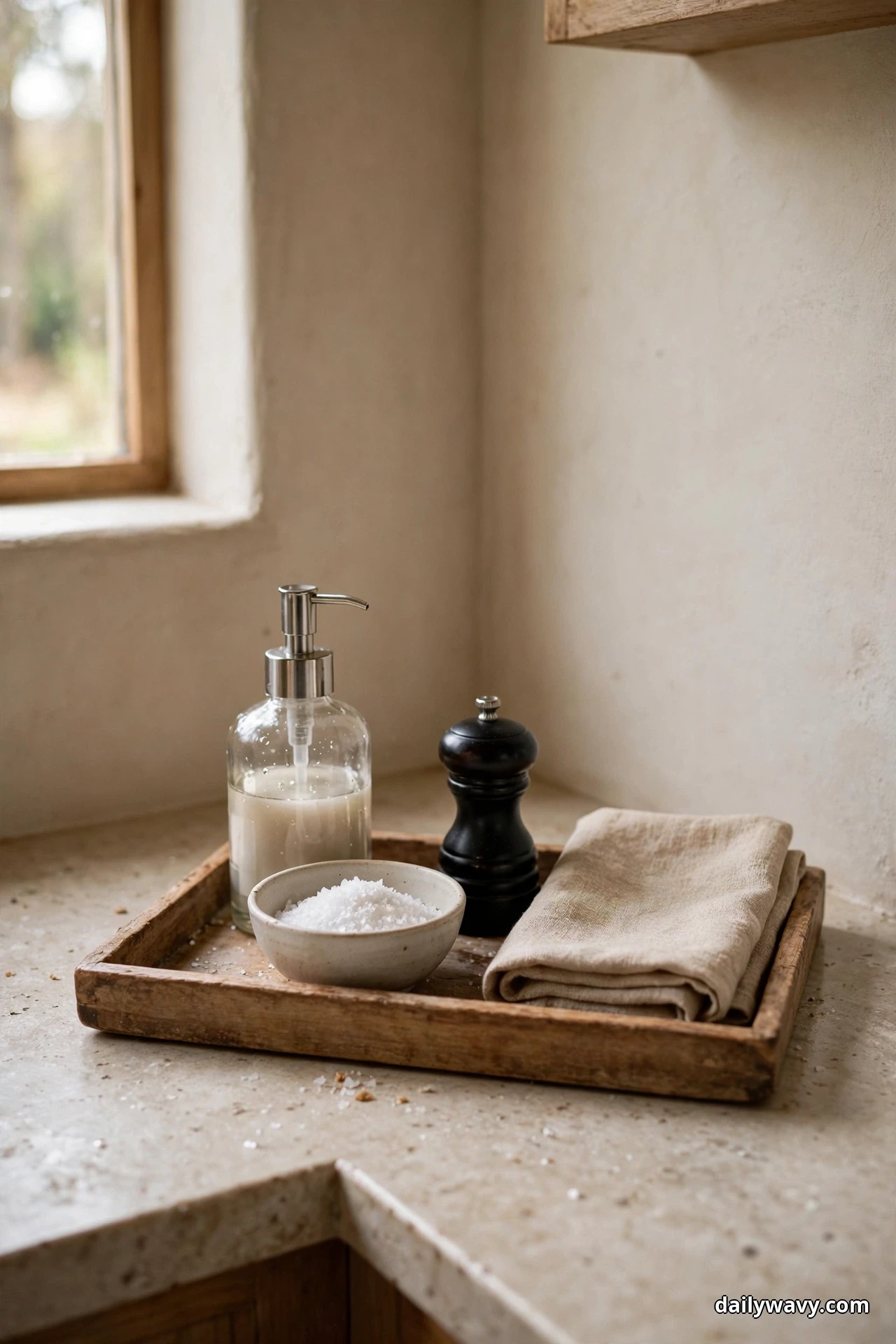 A shallow wooden tray on a stone corner counter groups a glass soap dispenser, a small bowl of coarse salt, a black pepper mill and a folded linen cloth
