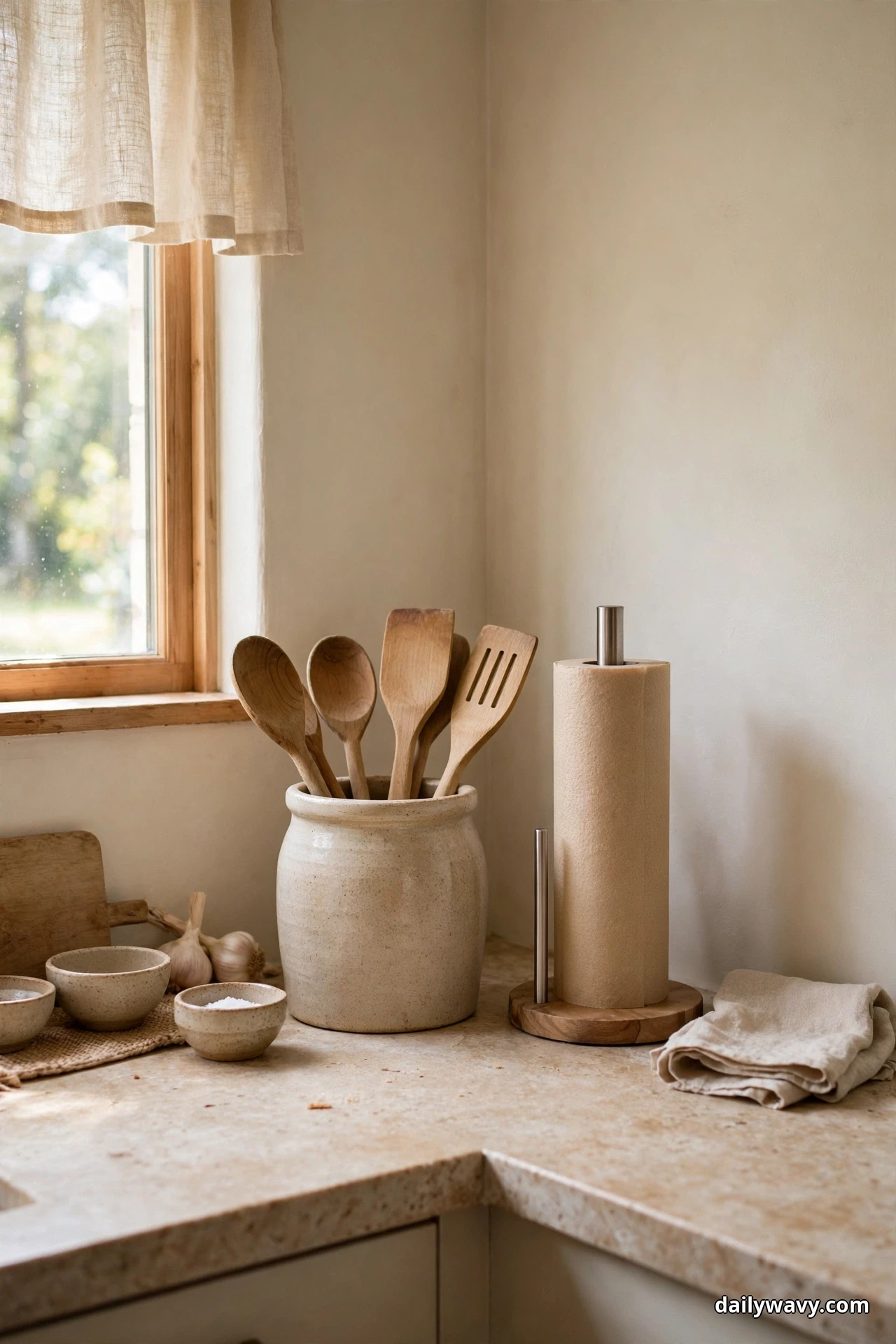 A stoneware crock filled with wooden spoons and a slotted turner stands beside a paper towel holder on a stone corner counter near a window