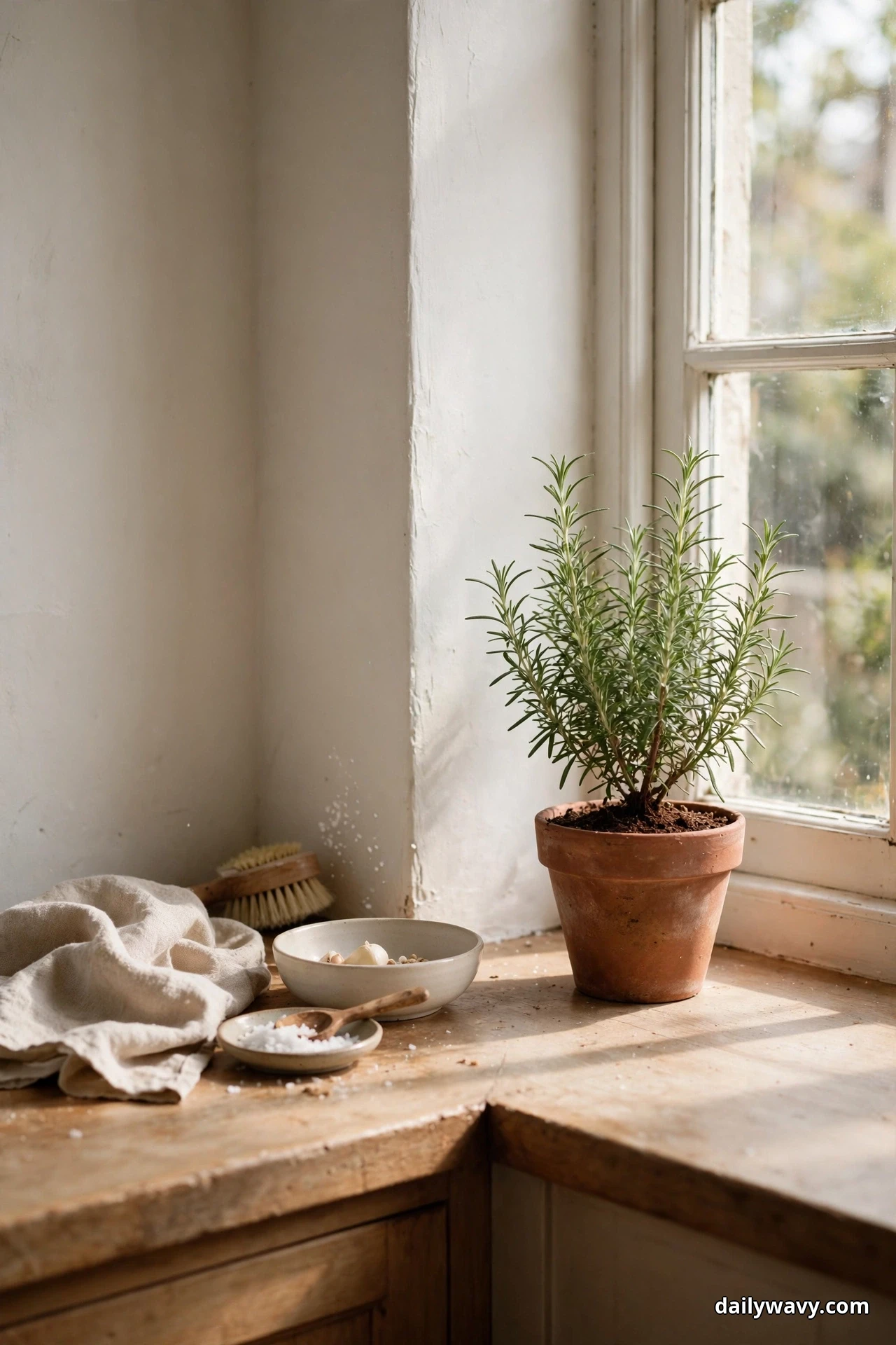 A potted rosemary plant in a terracotta pot sits on a wooden counter beside a bright window, with small bowls and a linen cloth nearby