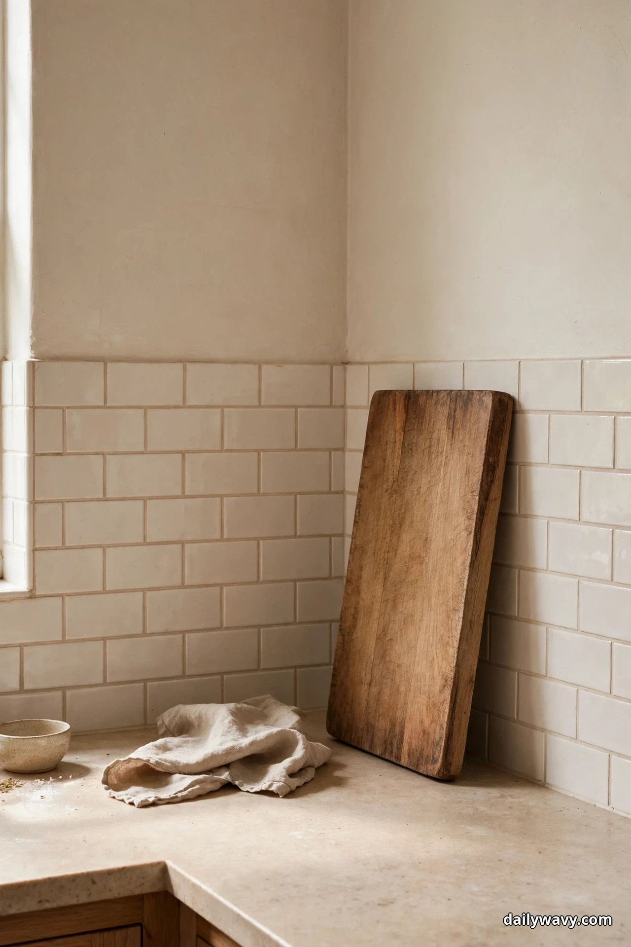 A large wooden cutting board stands upright against a white subway tile backsplash in a kitchen corner above an empty counter