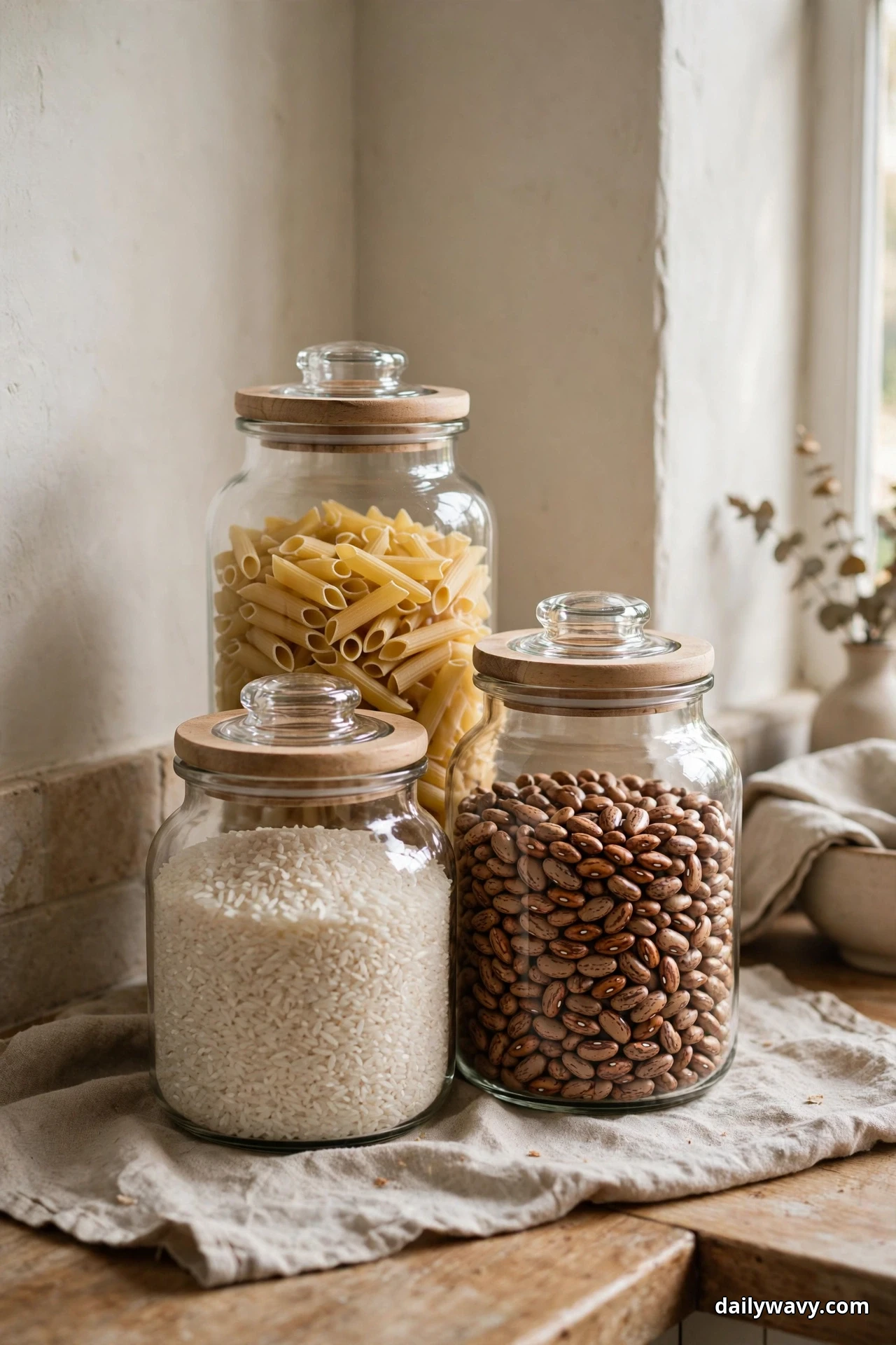 Three glass jars with lids hold penne pasta, white rice and dried beans, grouped on a linen cloth on a wooden corner counter